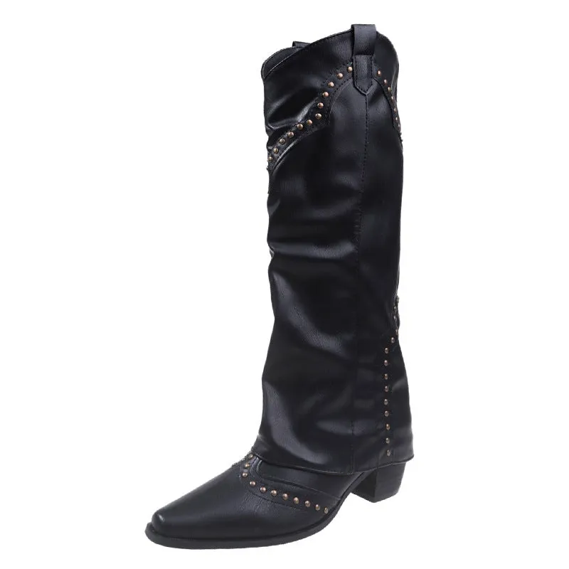 Retro Rivet High Pants Boots  Style Female Boots Versatile Western Cowboy Boot Knight Boots Small Boots