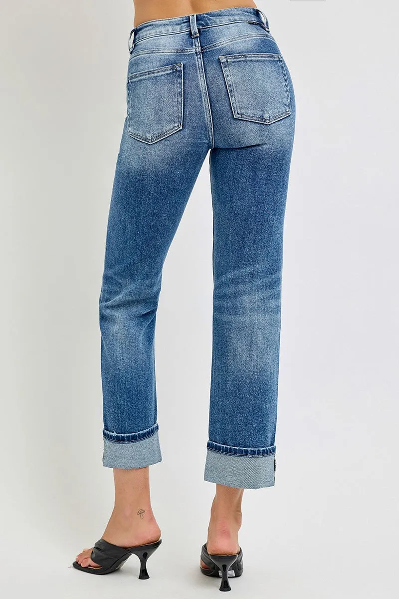 Risen Straight Leg Cropped Roll-Up Jeans