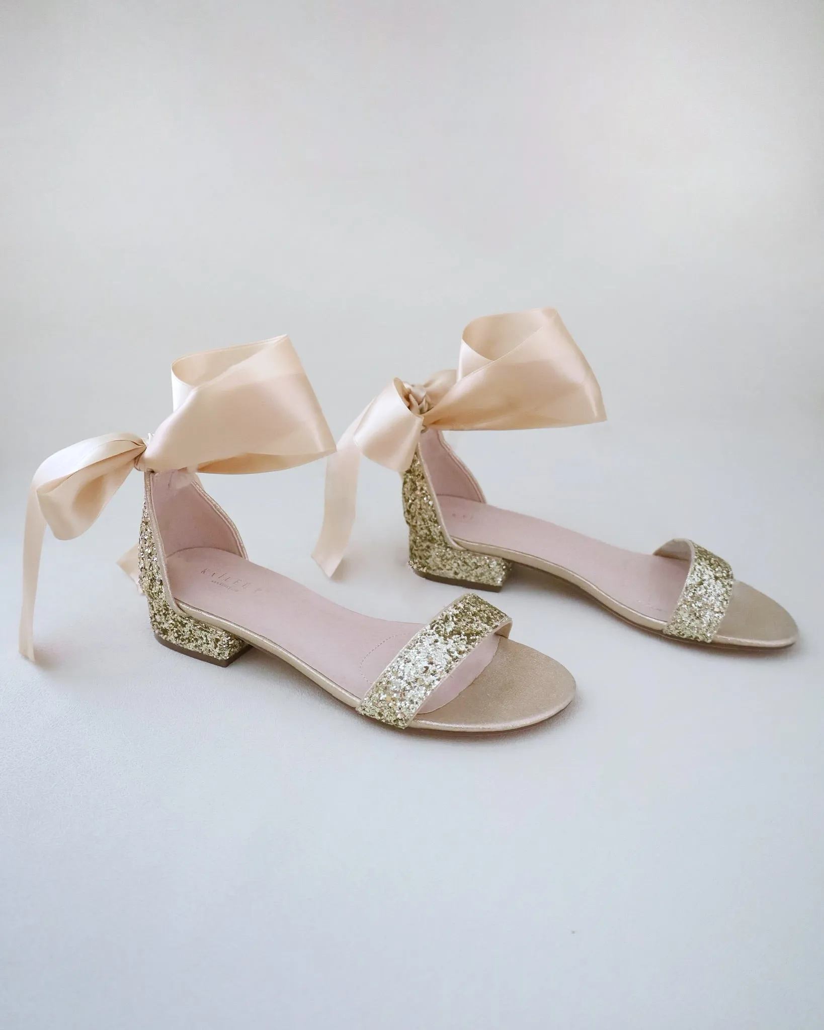 Rock Glitter Low Block Heel Evening Sandals with Wrapped Satin Tie