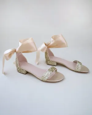 Rock Glitter Low Block Heel Evening Sandals with Wrapped Satin Tie