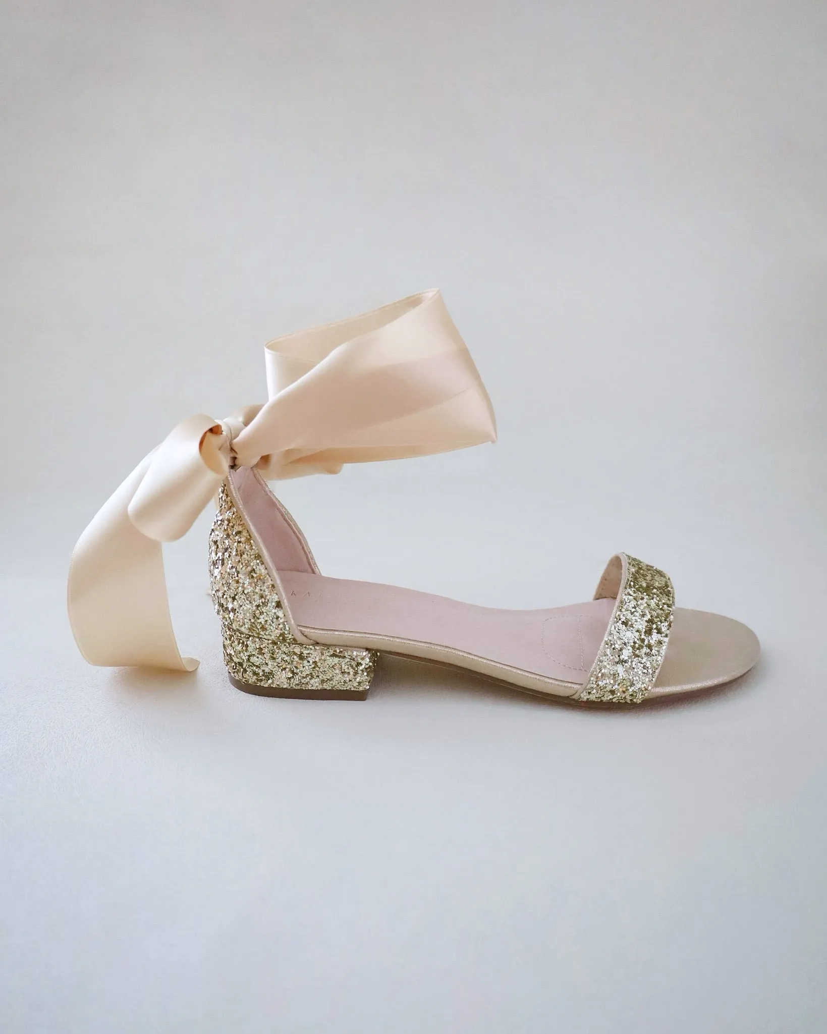 Rock Glitter Low Block Heel Evening Sandals with Wrapped Satin Tie