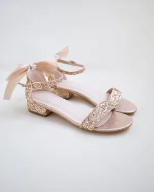 Rock Glitter Low Block Heel Wedding Sandals with Back Satin Bow