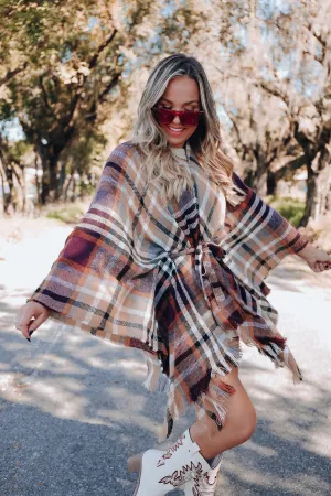 Ruana Belted Plaid Poncho - Black/Camel