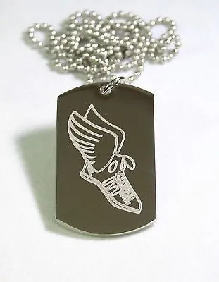 RUNNERS TENNIS SHOE WITH WINGS DOG TAG NECKLACE STAINLESS STEEL MOTIVATIONAL