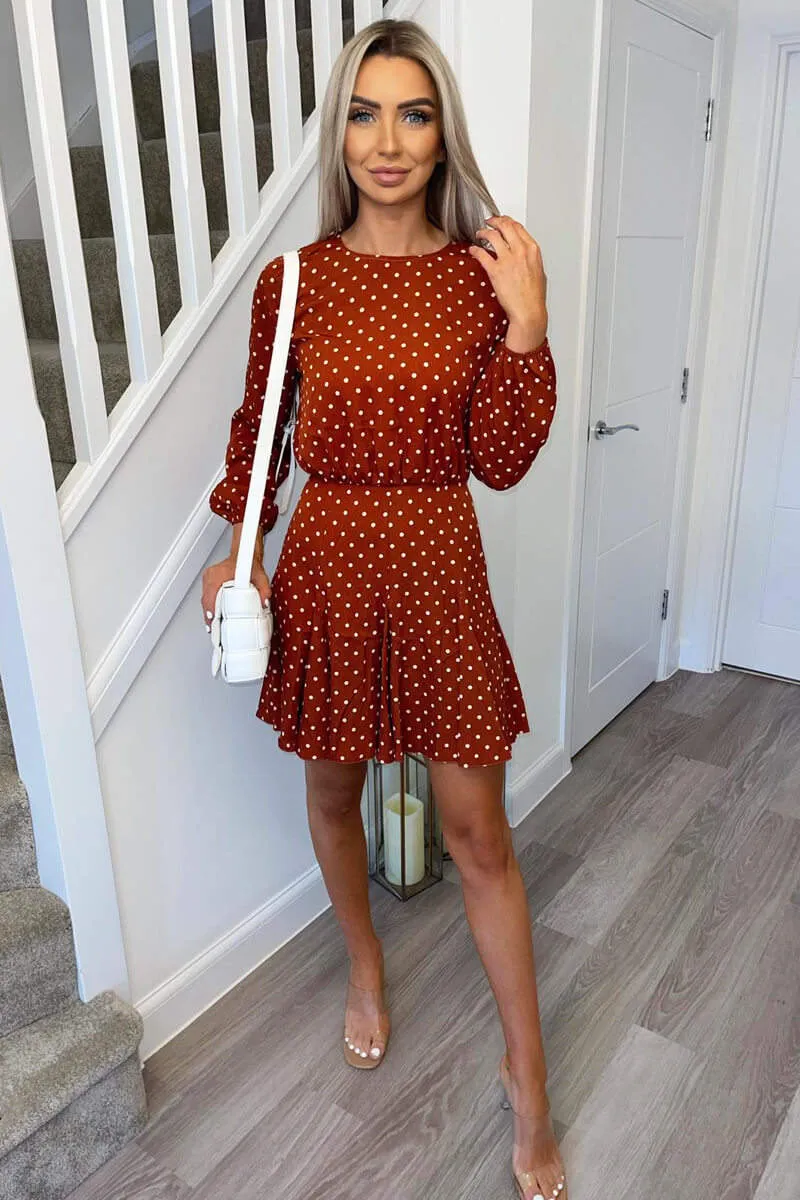 Rust Polka Dot Pleat Dress