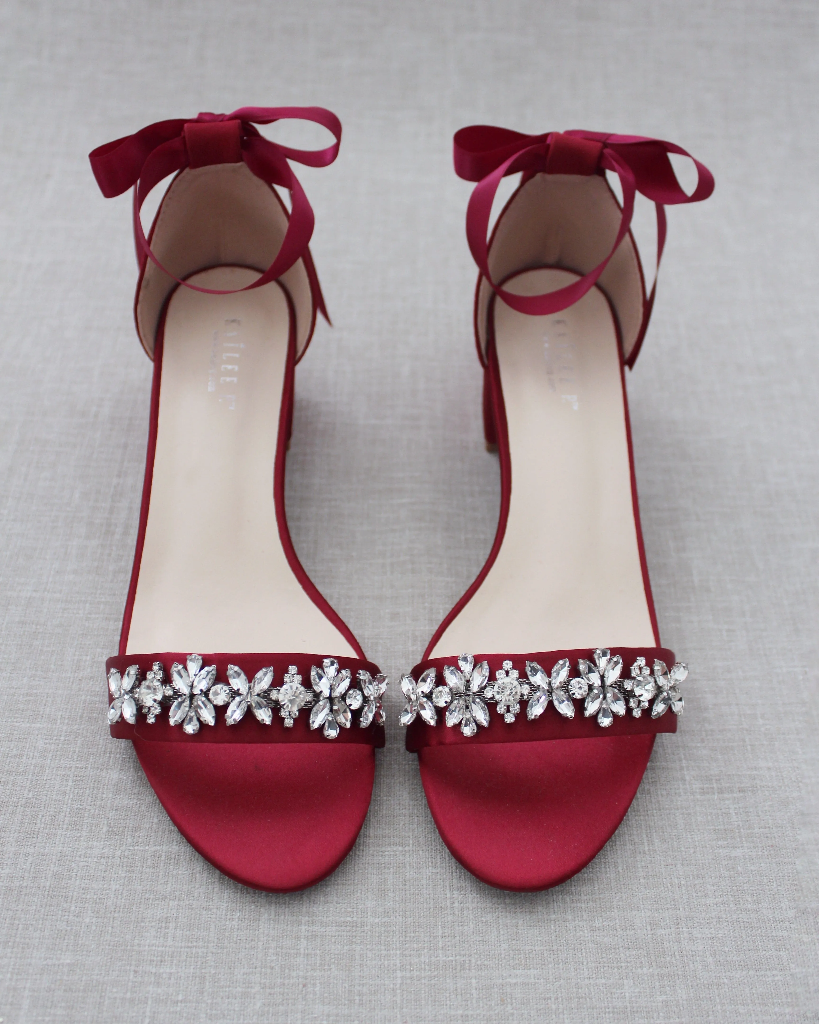 Satin Block Heel Sandals with Floral Rhinestones