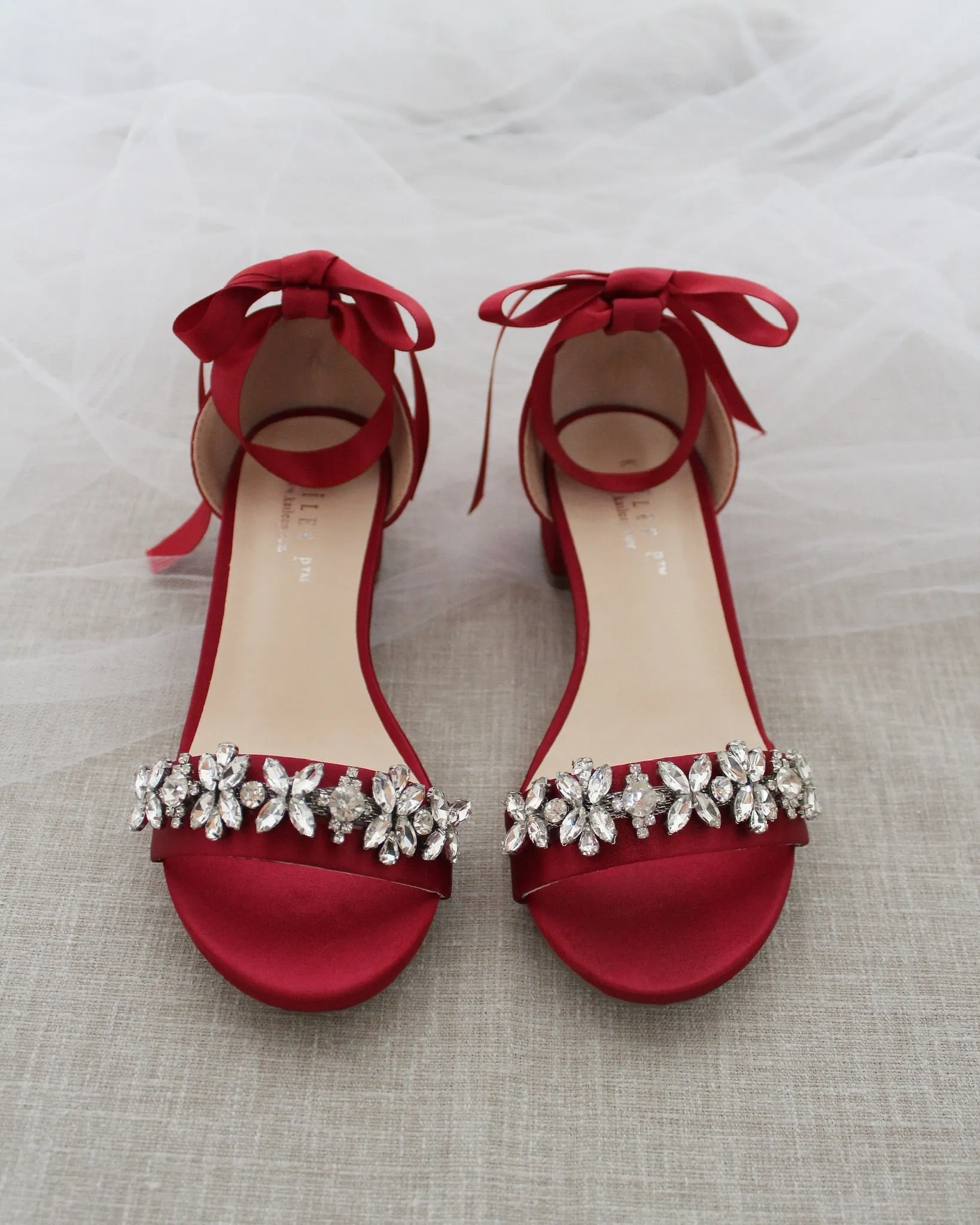 Satin Block Heel Sandals with Floral Rhinestones