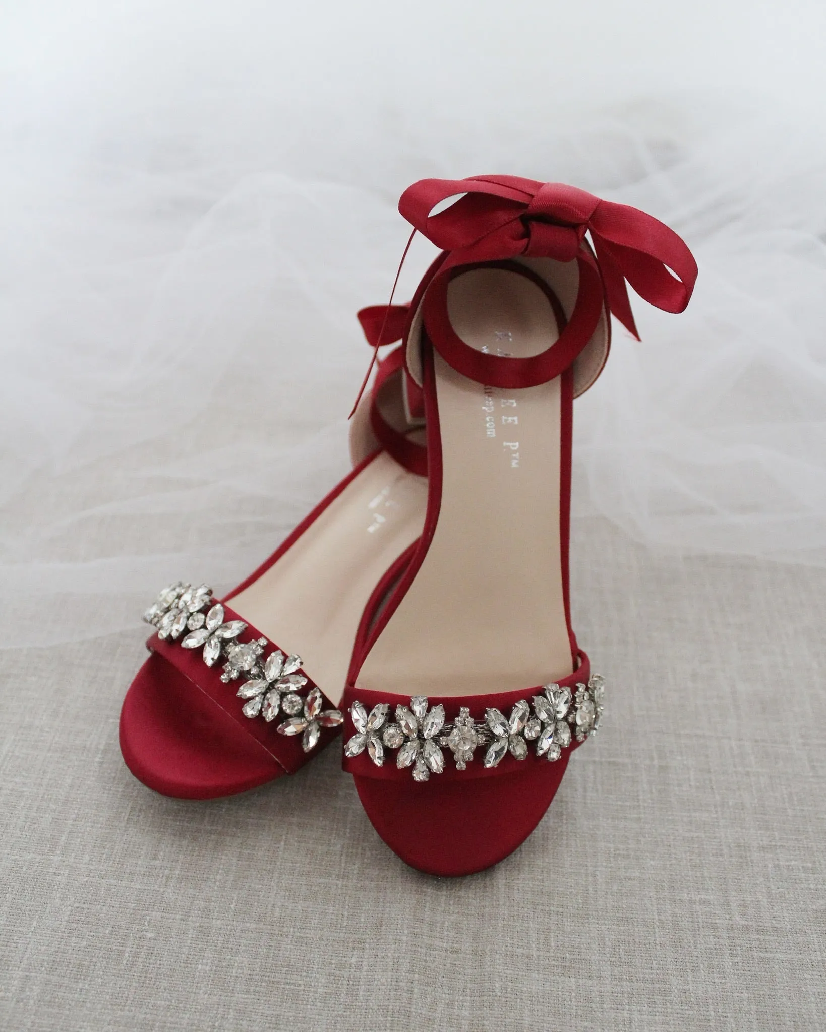 Satin Block Heel Sandals with Floral Rhinestones