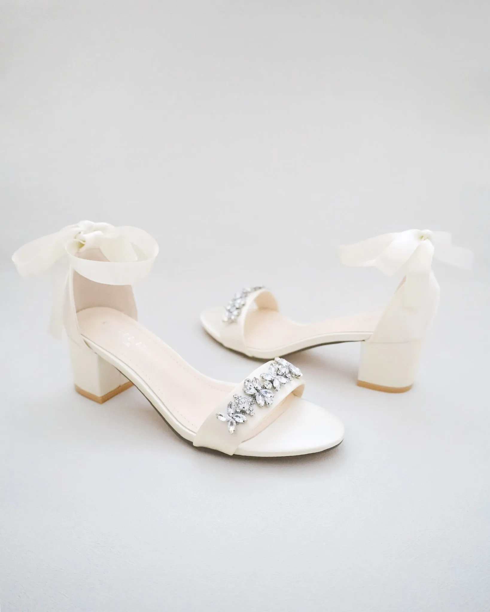 Satin Block Heel Sandals with Floral Rhinestones