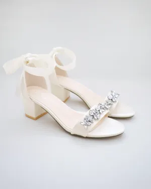 Satin Block Heel Sandals with Floral Rhinestones