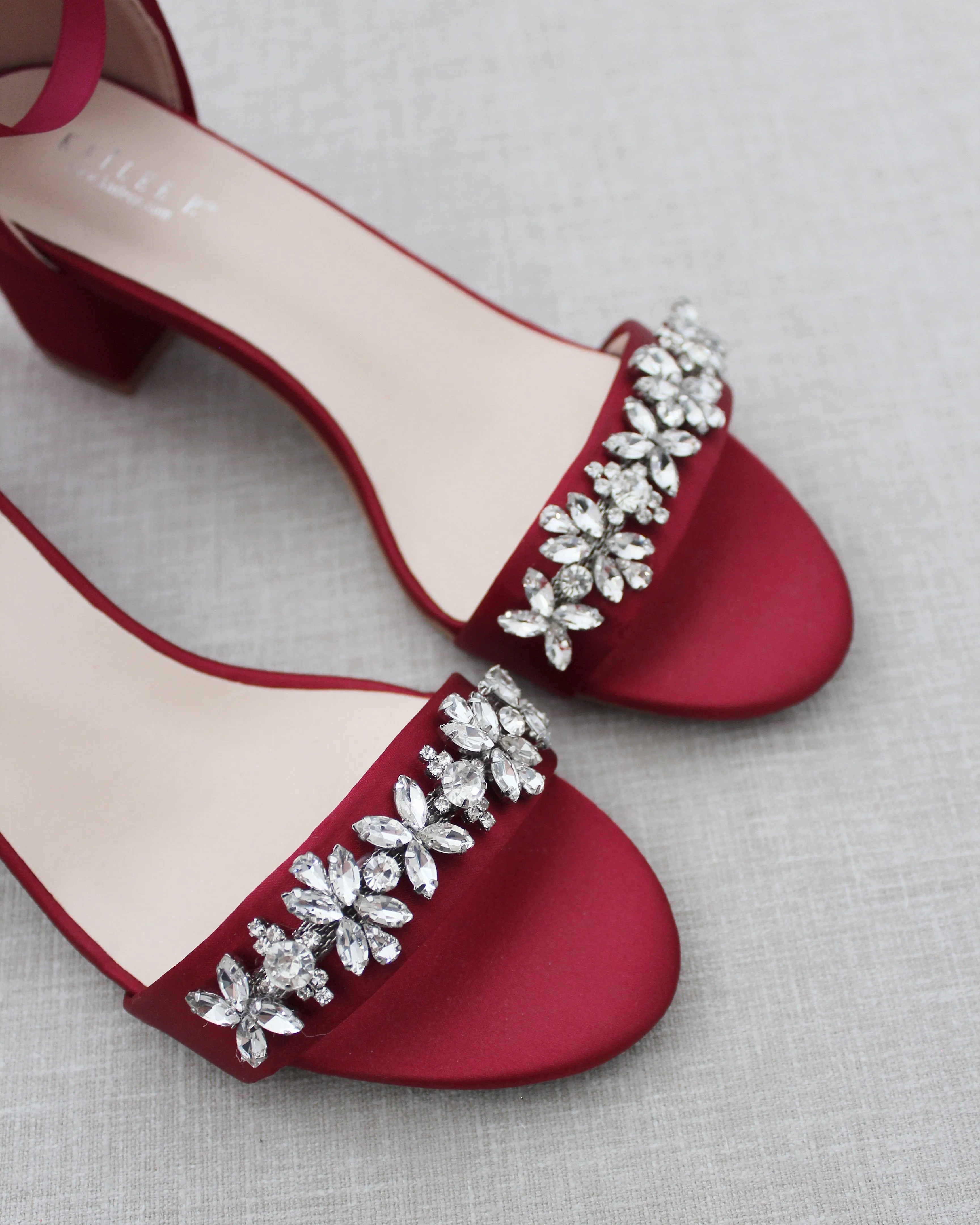 Satin Block Heel Sandals with Floral Rhinestones