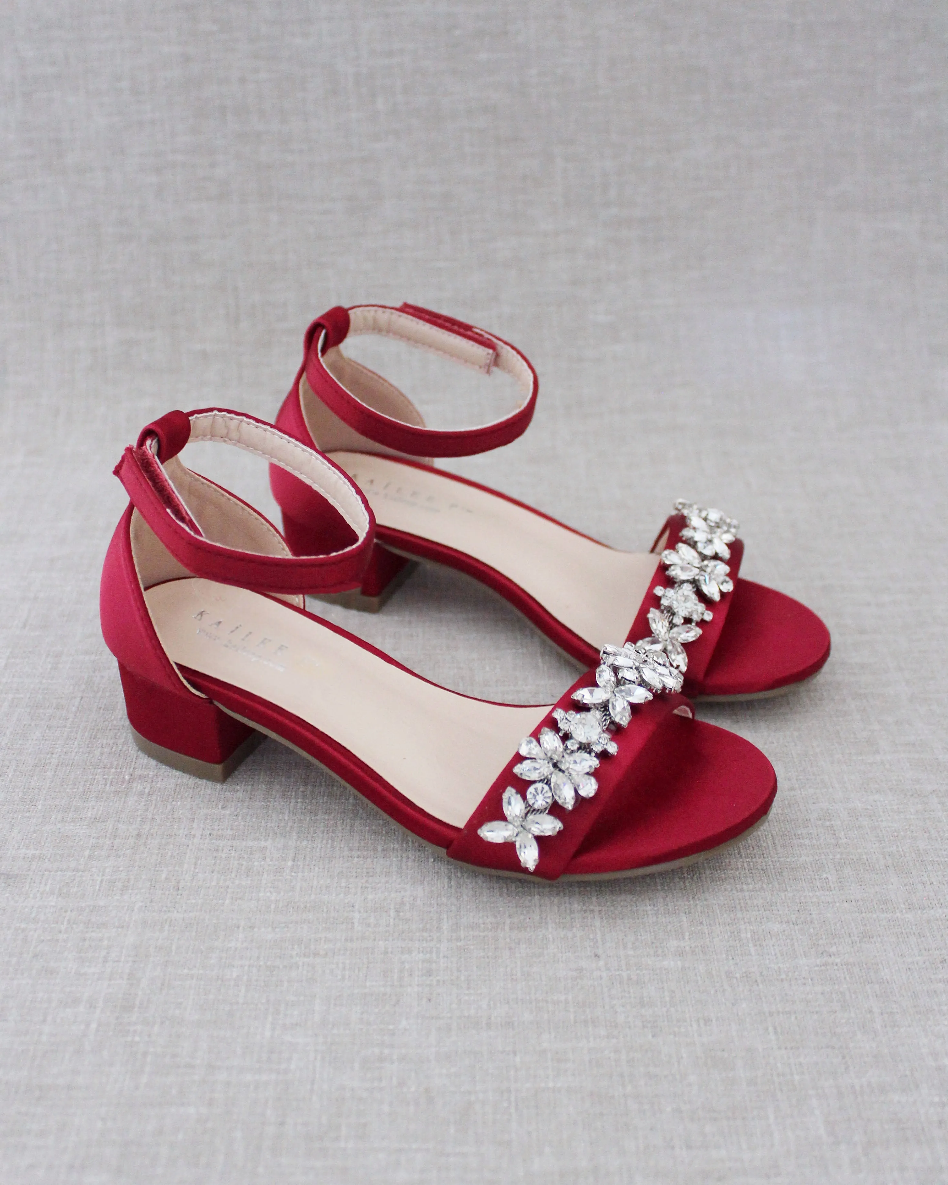 Satin Block Heel Sandals with Floral Rhinestones
