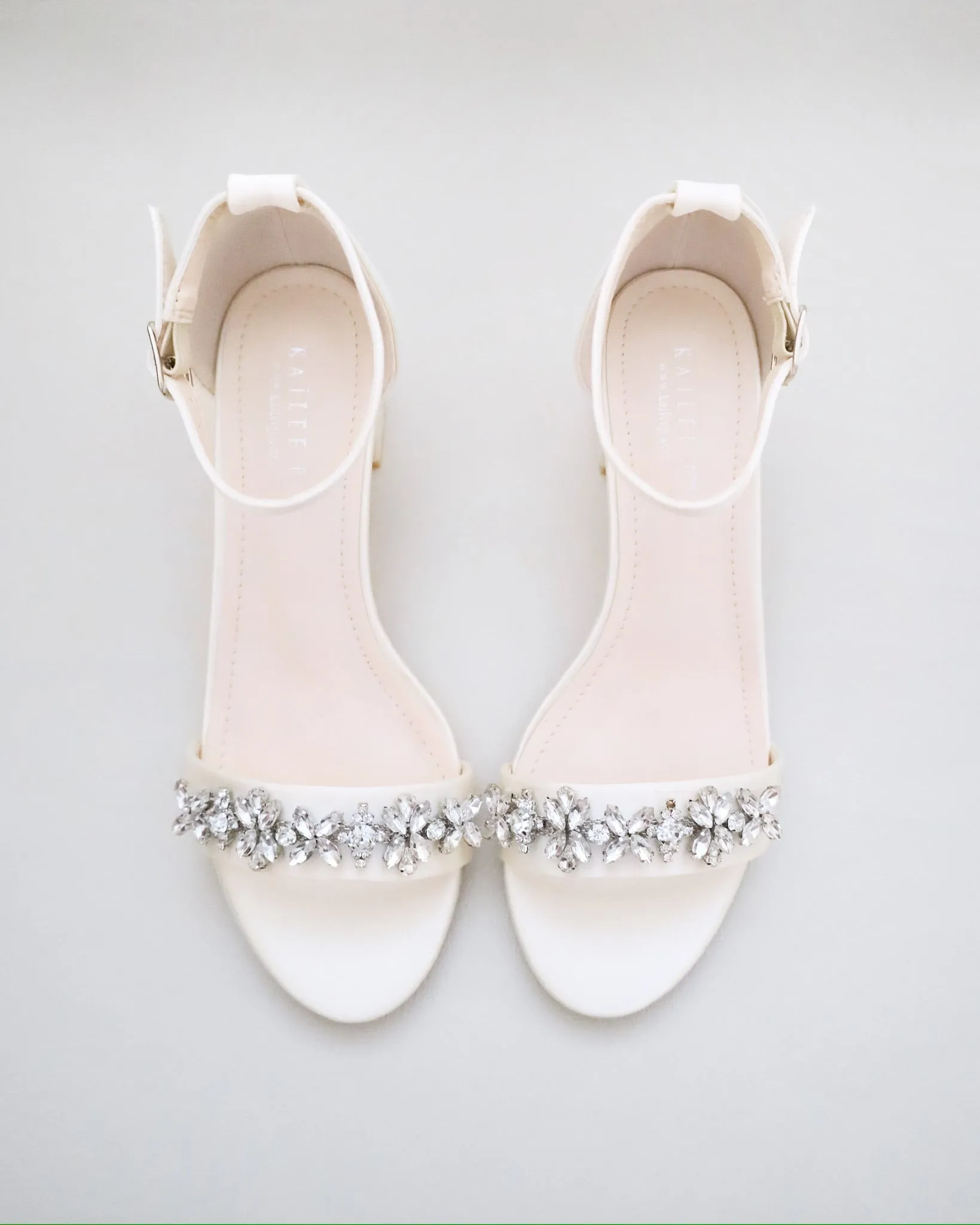 Satin Block Heel Sandals with Floral Rhinestones
