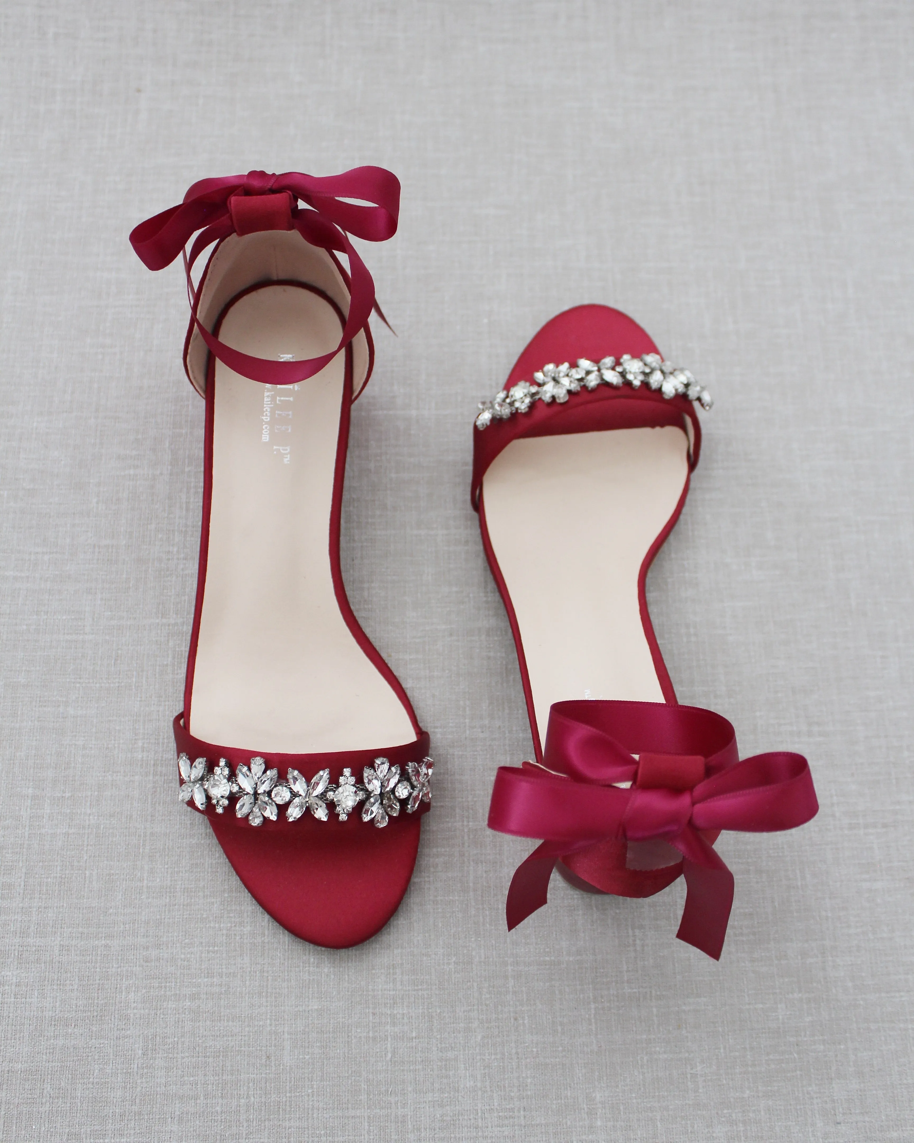 Satin Block Heel Sandals with Floral Rhinestones