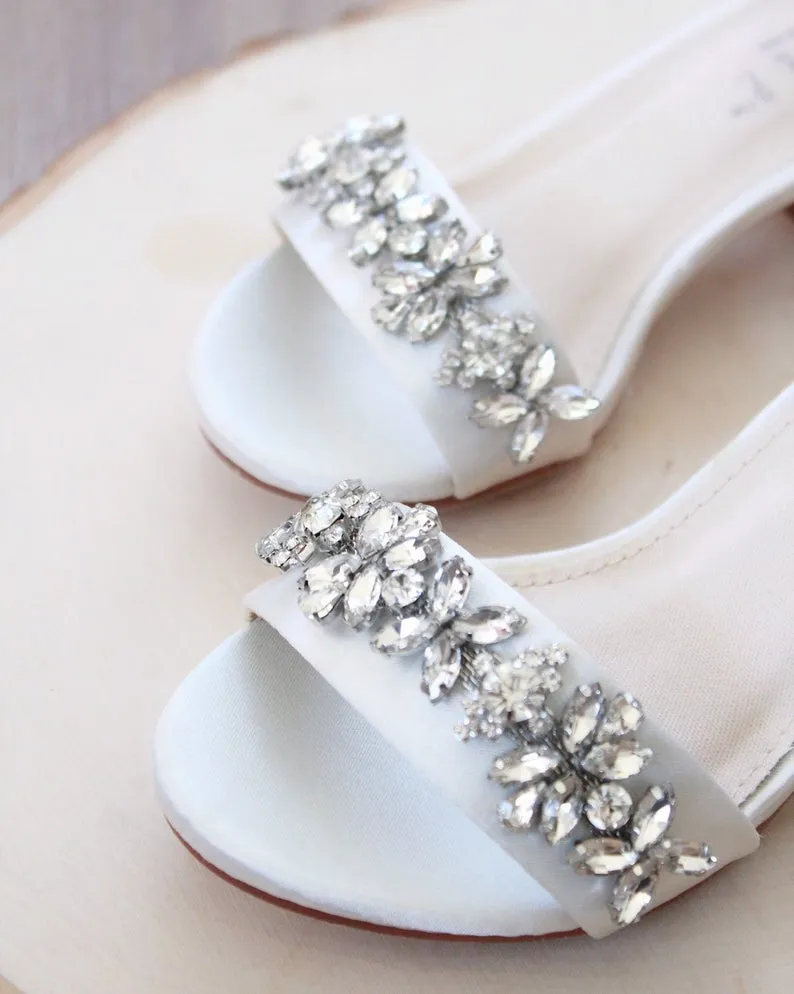 Satin Block Heel Sandals with Floral Rhinestones