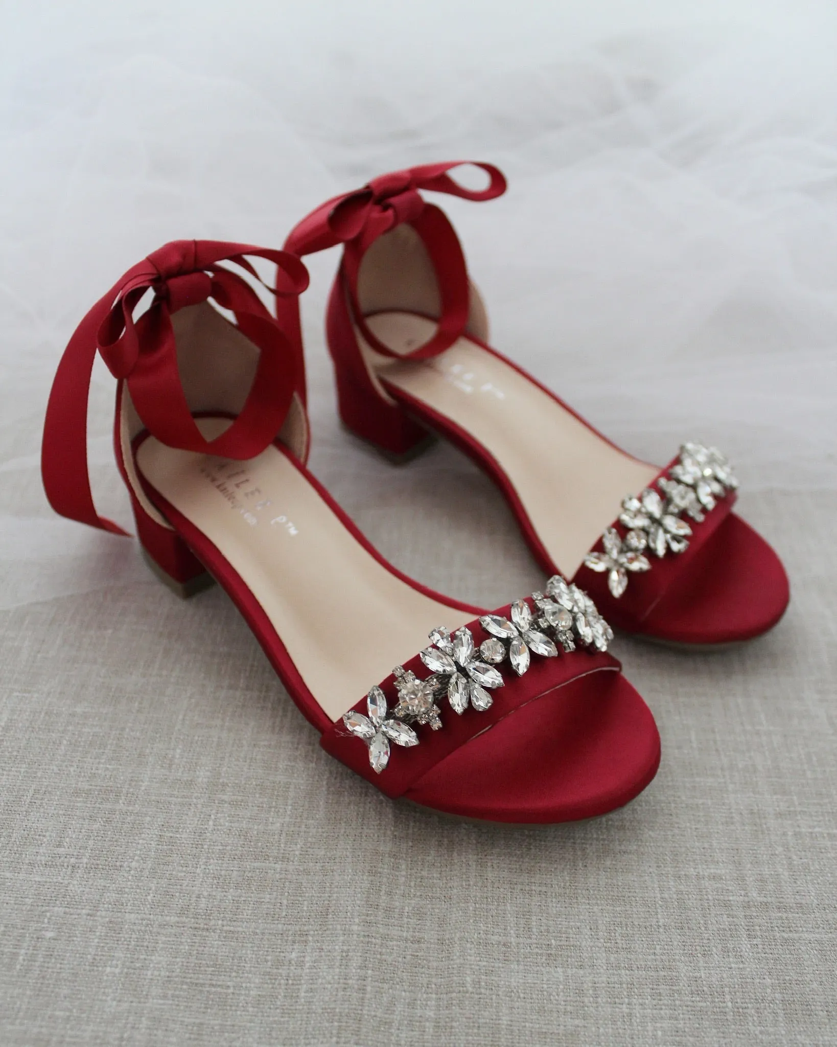 Satin Block Heel Sandals with Floral Rhinestones