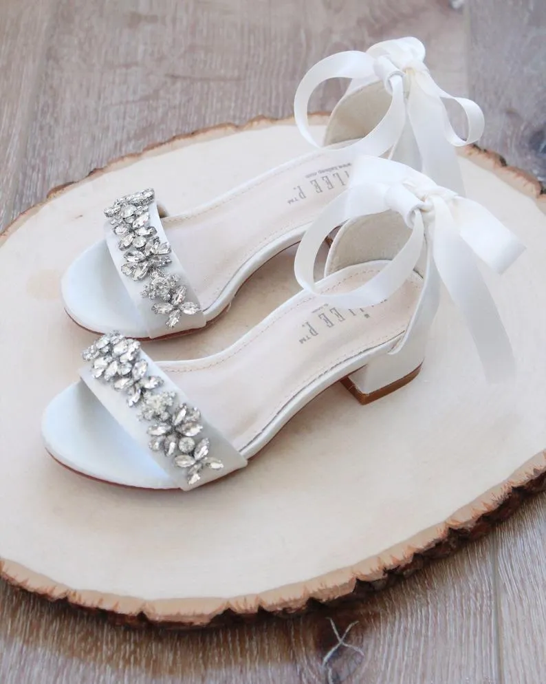 Satin Block Heel Sandals with Floral Rhinestones