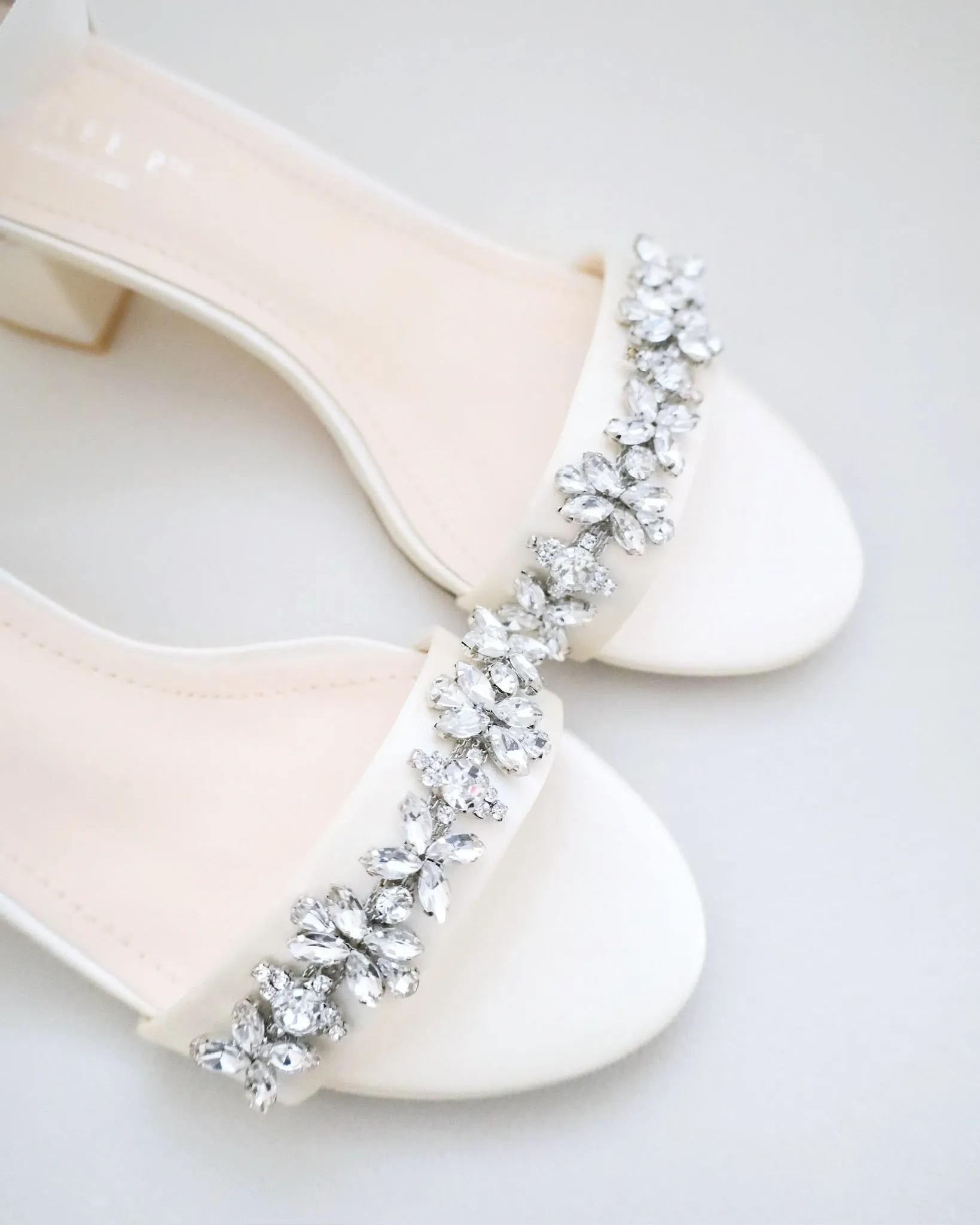 Satin Block Heel Sandals with Floral Rhinestones