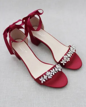 Satin Block Heel Sandals with Floral Rhinestones