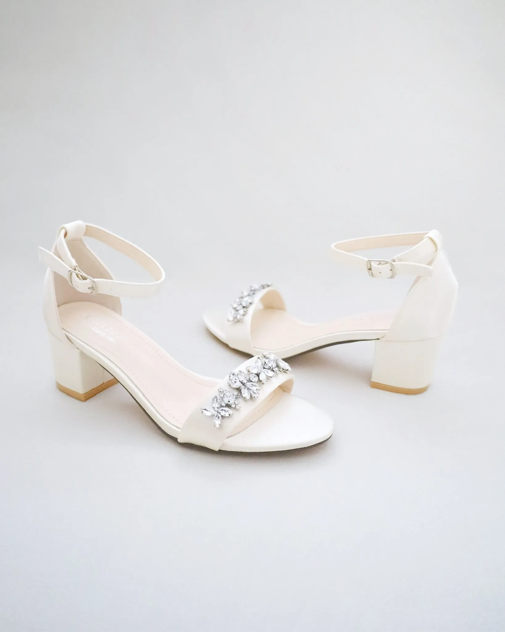 Satin Block Heel Sandals with Floral Rhinestones