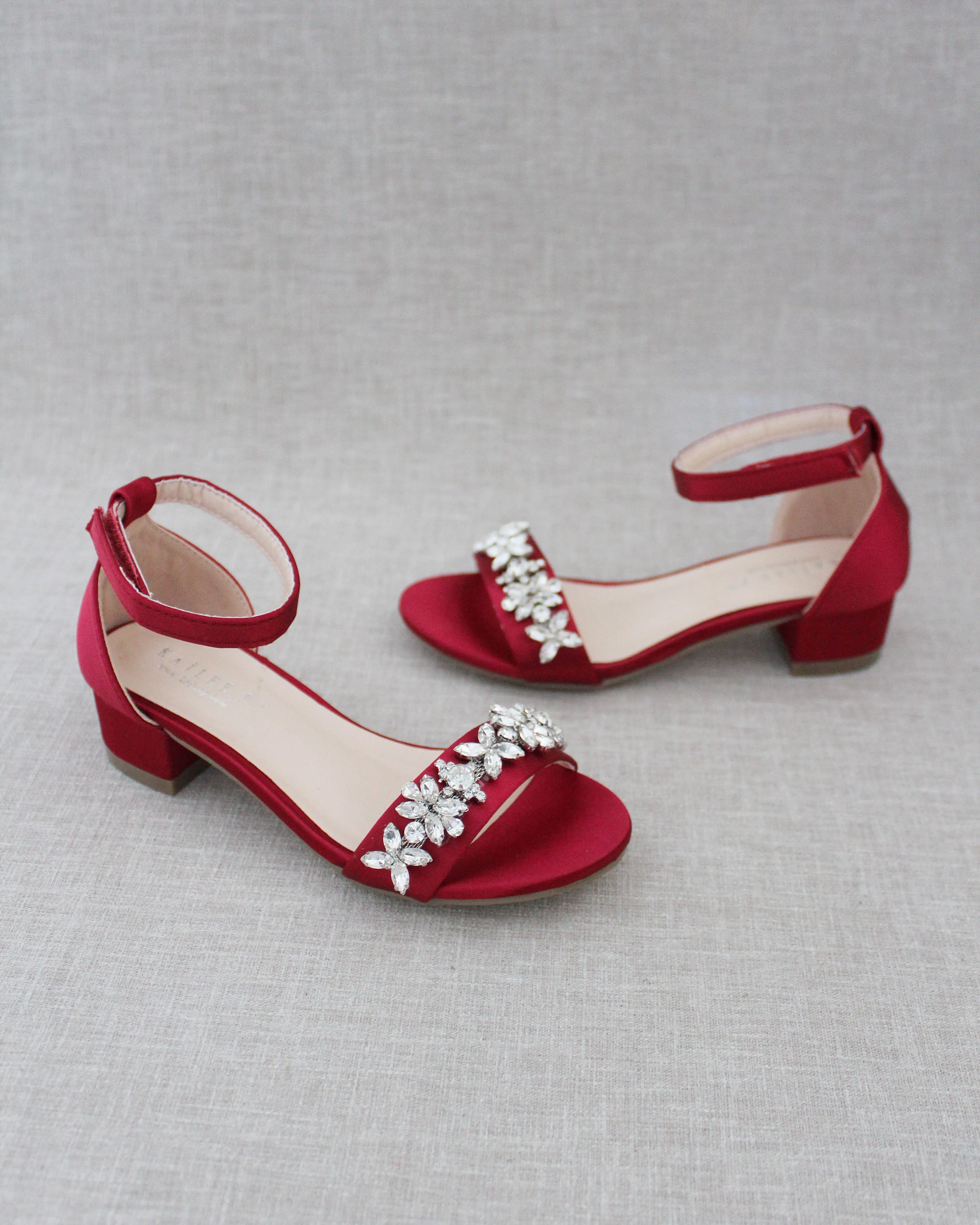 Satin Block Heel Sandals with Floral Rhinestones