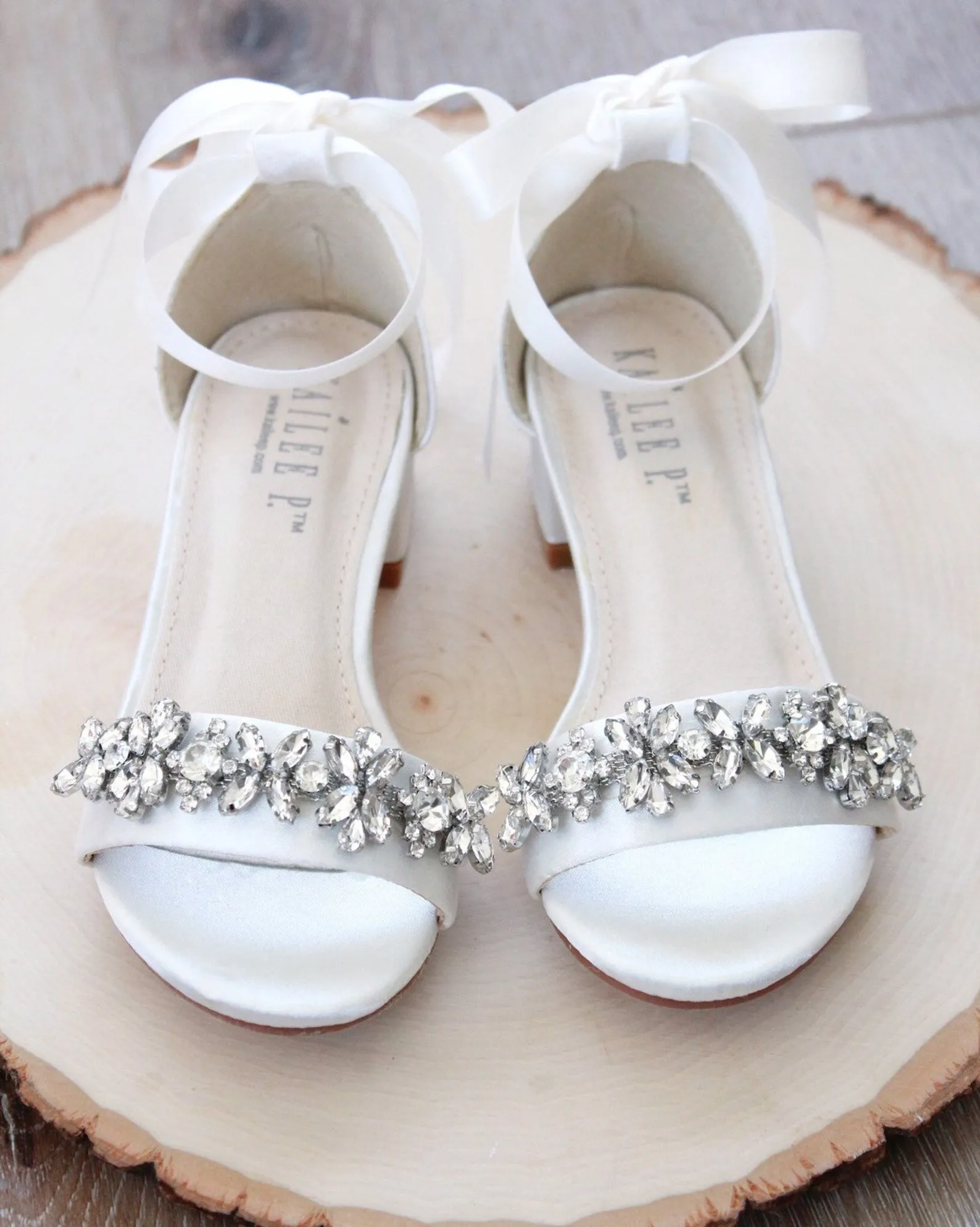 Satin Block Heel Sandals with Floral Rhinestones