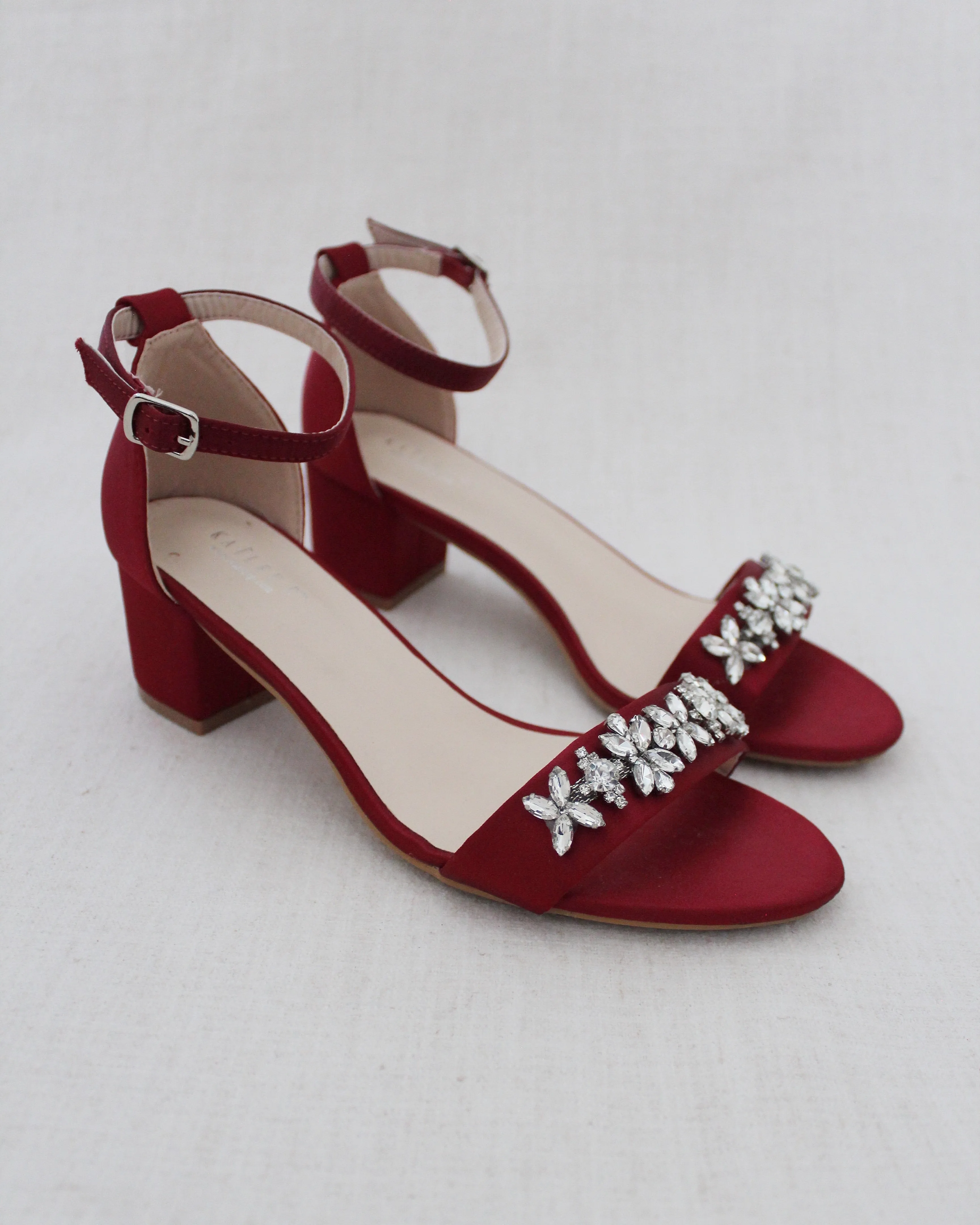 Satin Block Heel Sandals with Floral Rhinestones