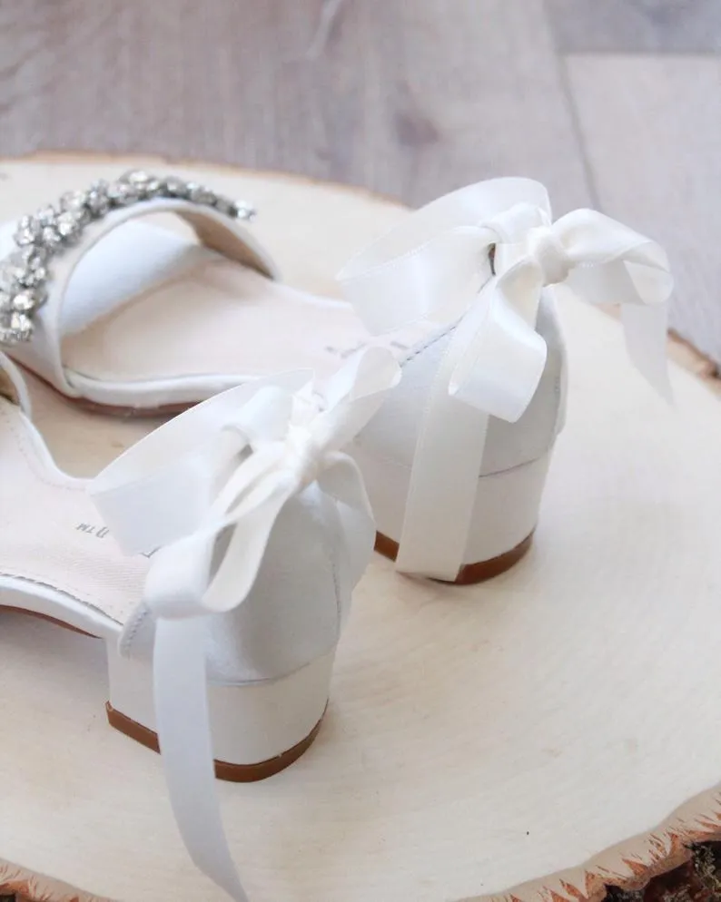 Satin Block Heel Sandals with Floral Rhinestones