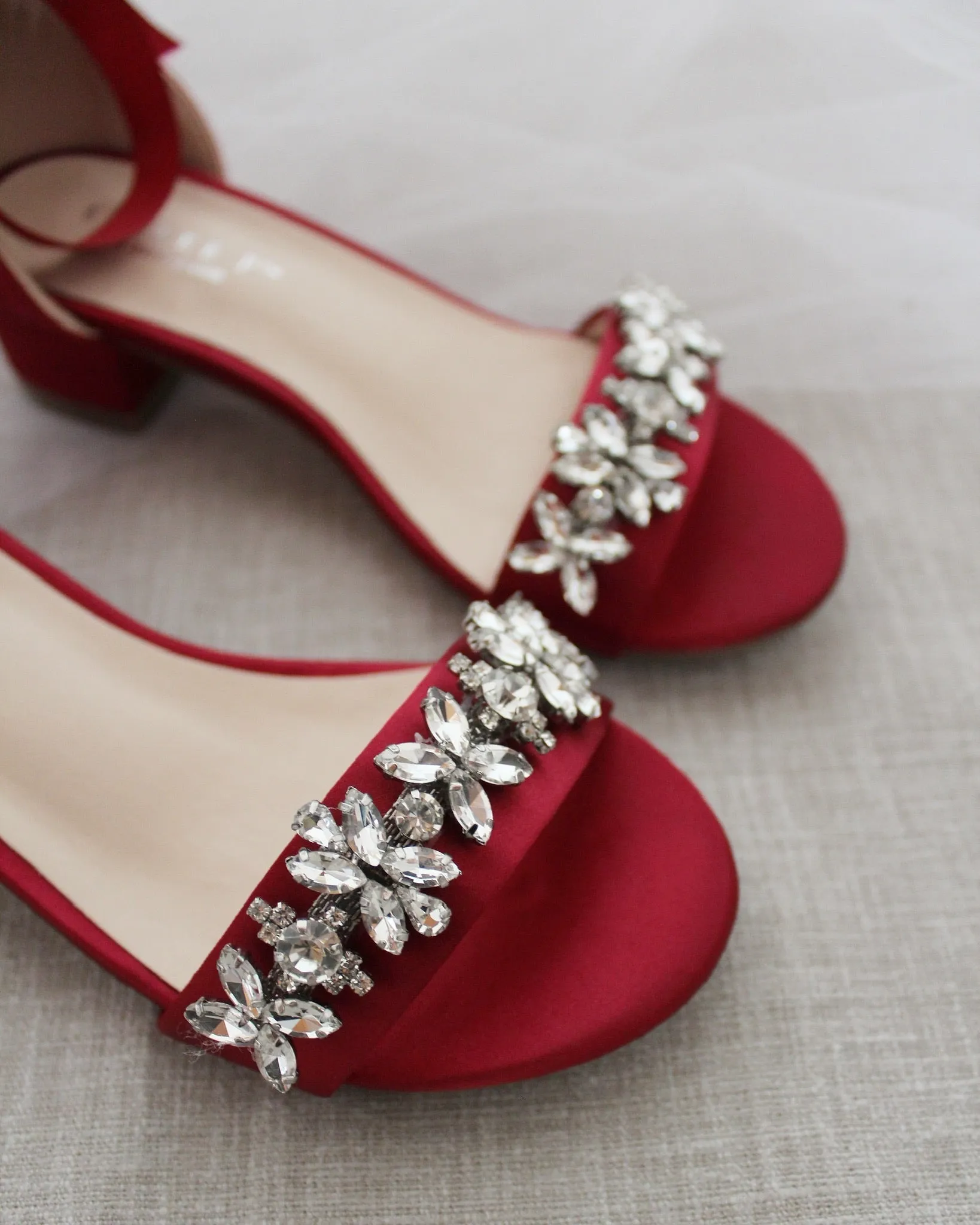 Satin Block Heel Sandals with Floral Rhinestones