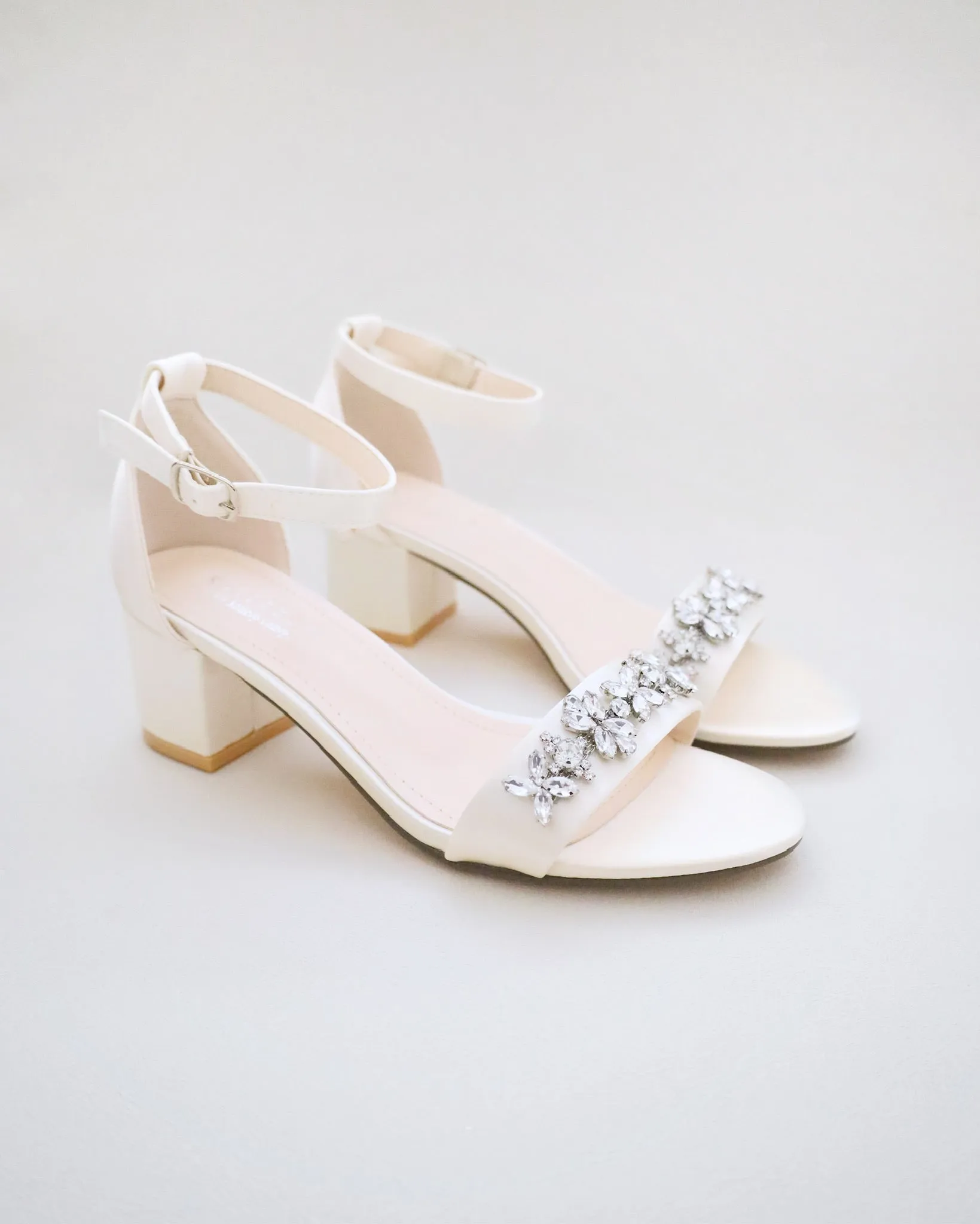 Satin Block Heel Sandals with Floral Rhinestones