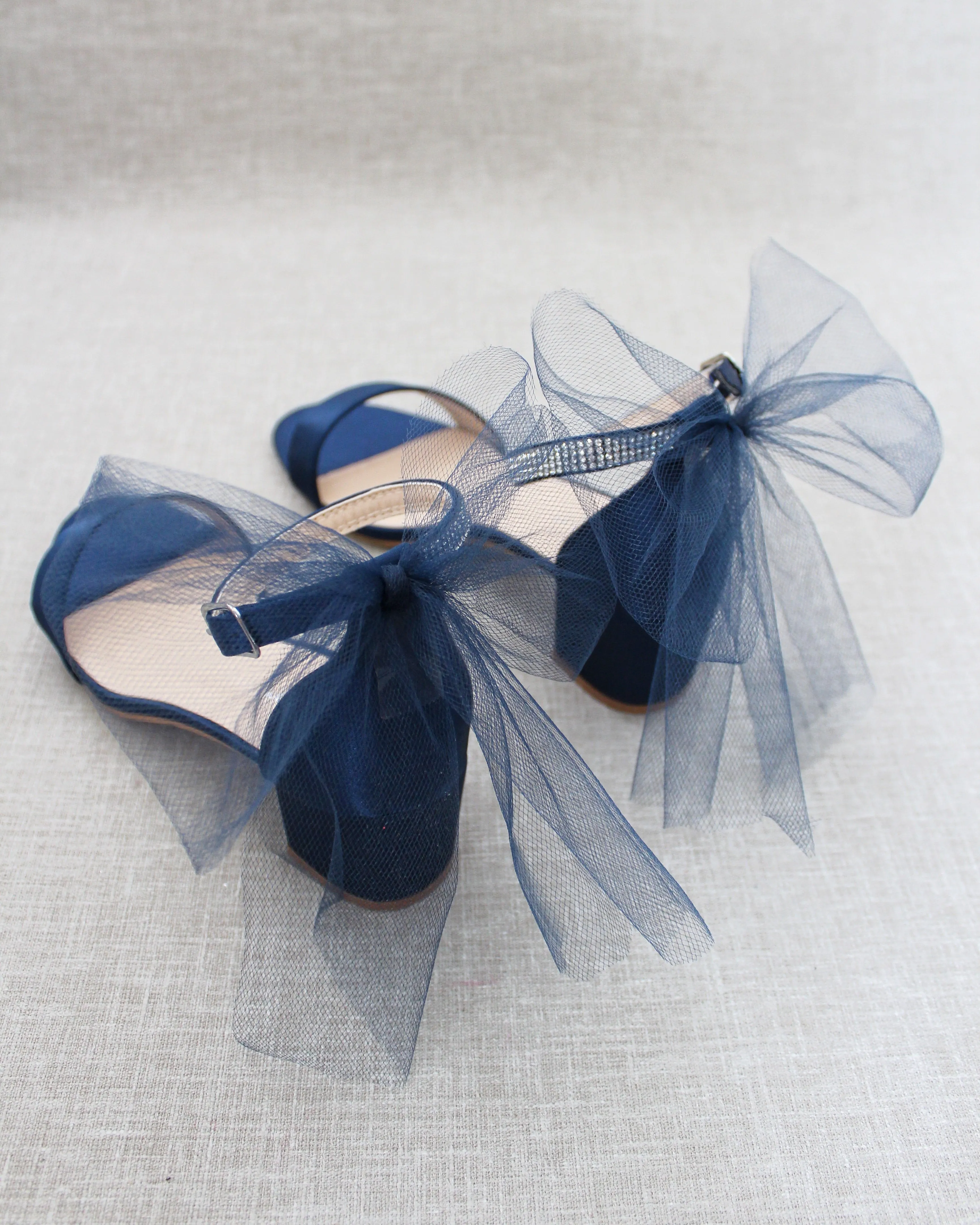 Satin Block Heel Sandals with Tulle Back Bow