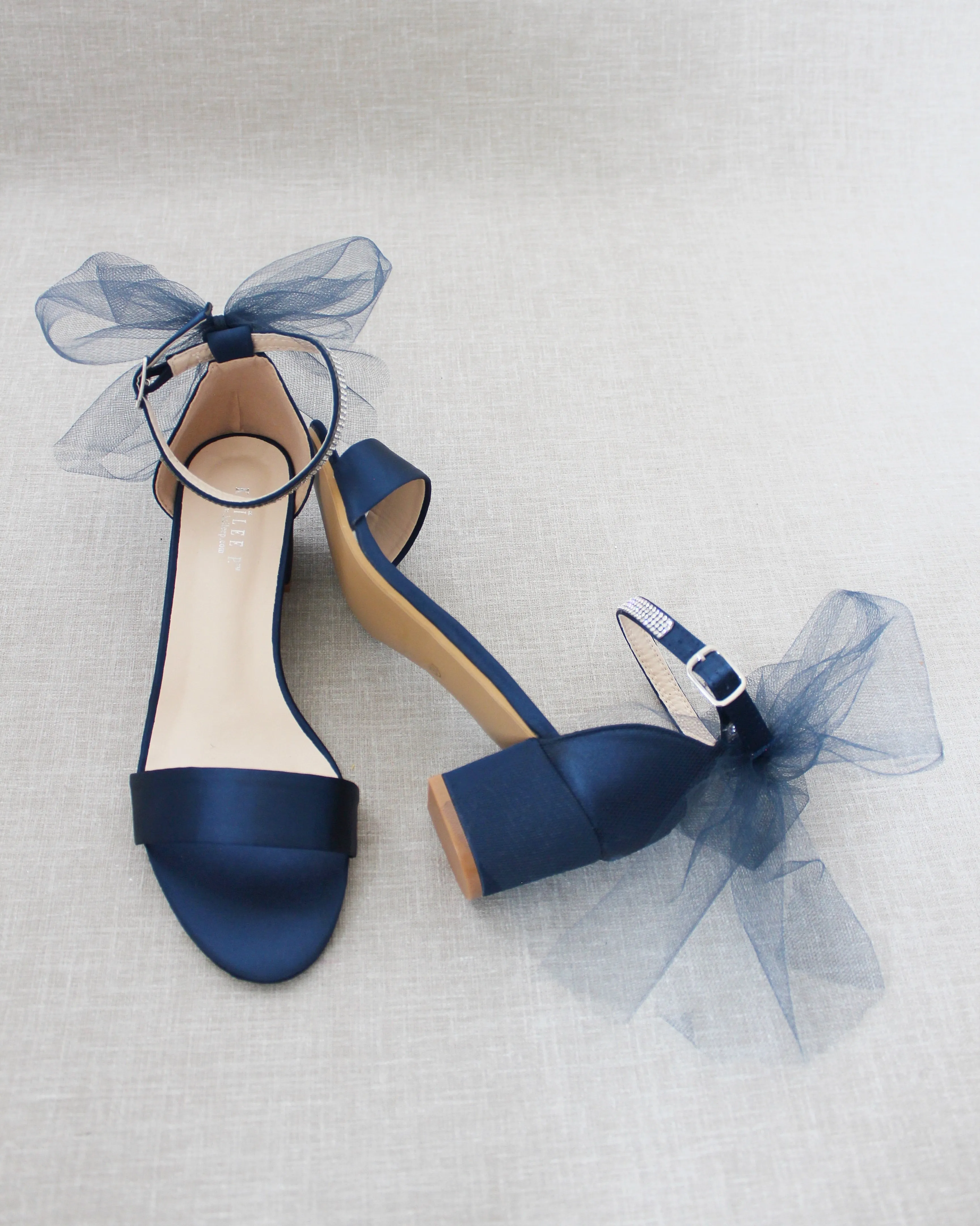 Satin Block Heel Sandals with Tulle Back Bow