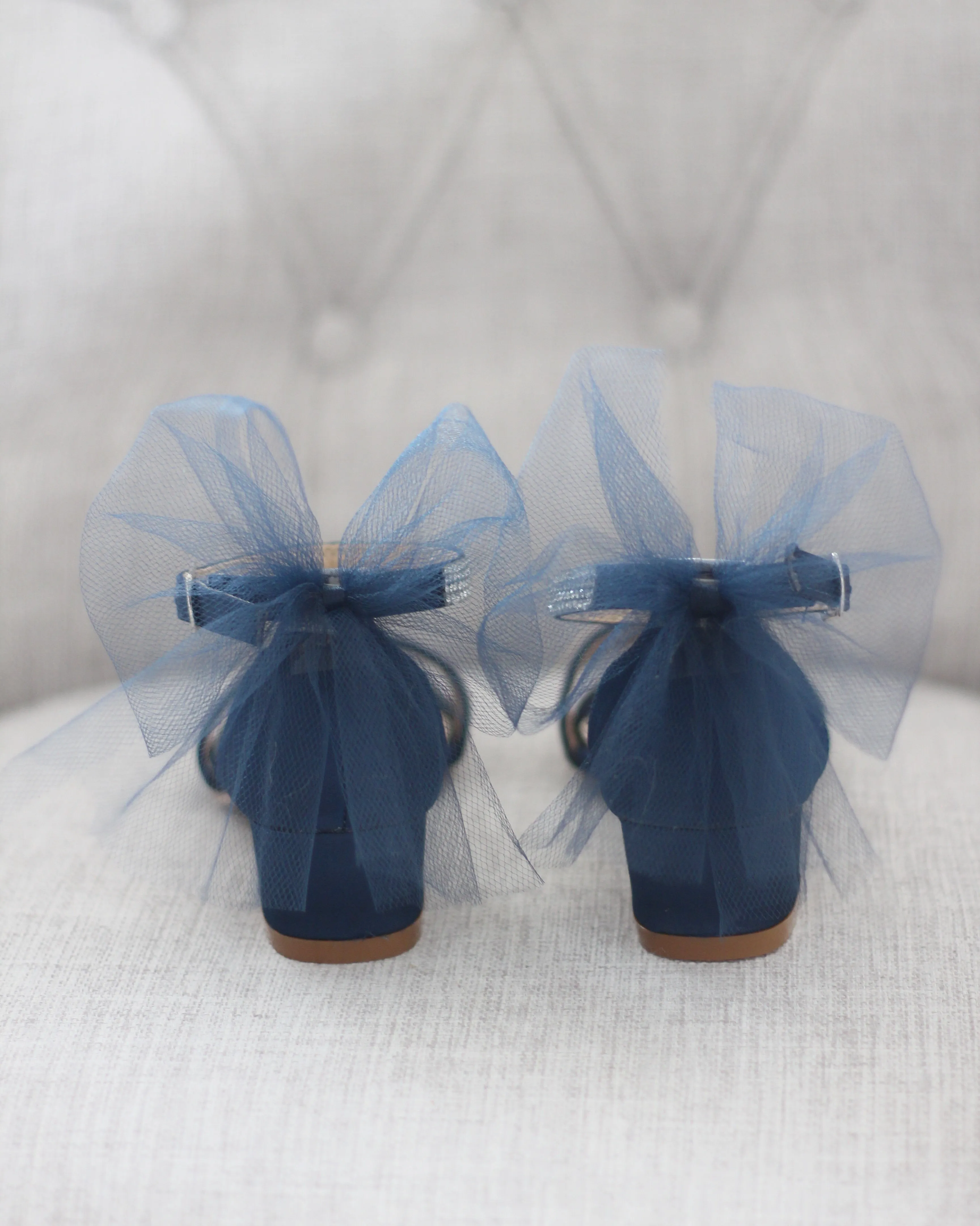 Satin Block Heel Sandals with Tulle Back Bow