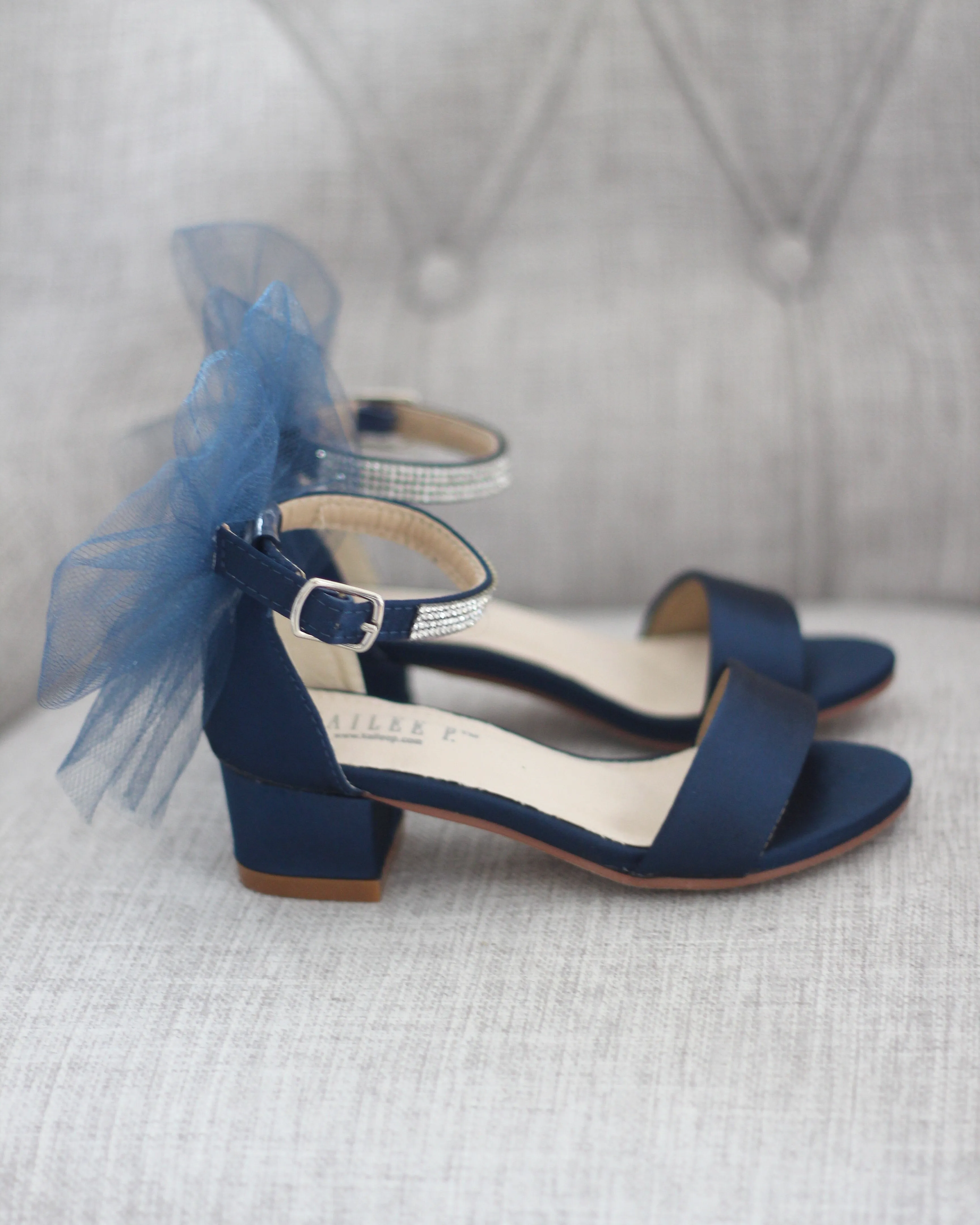 Satin Block Heel Sandals with Tulle Back Bow