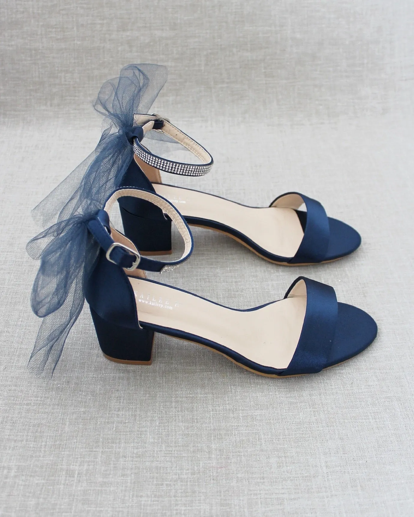 Satin Block Heel Sandals with Tulle Back Bow