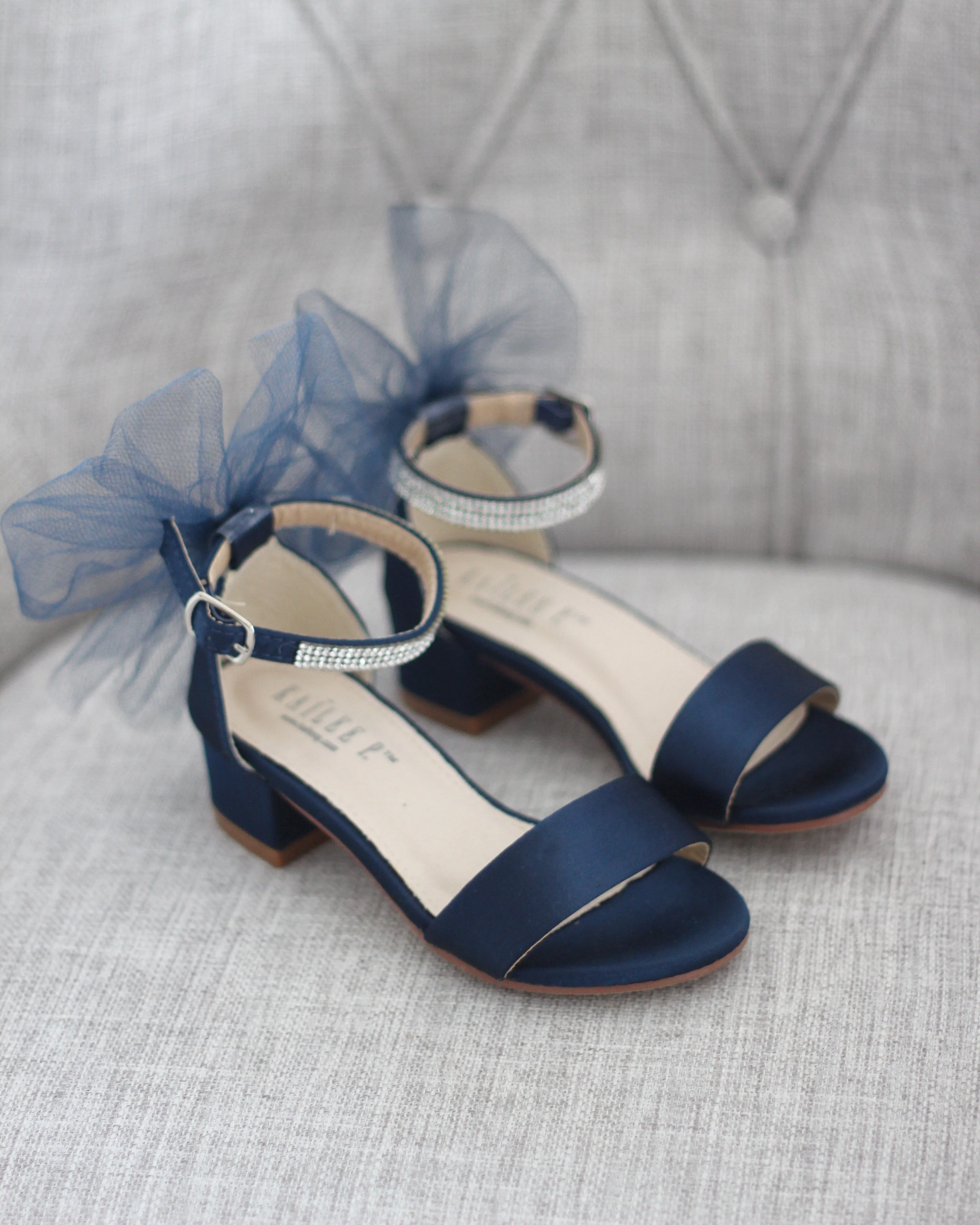 Satin Block Heel Sandals with Tulle Back Bow