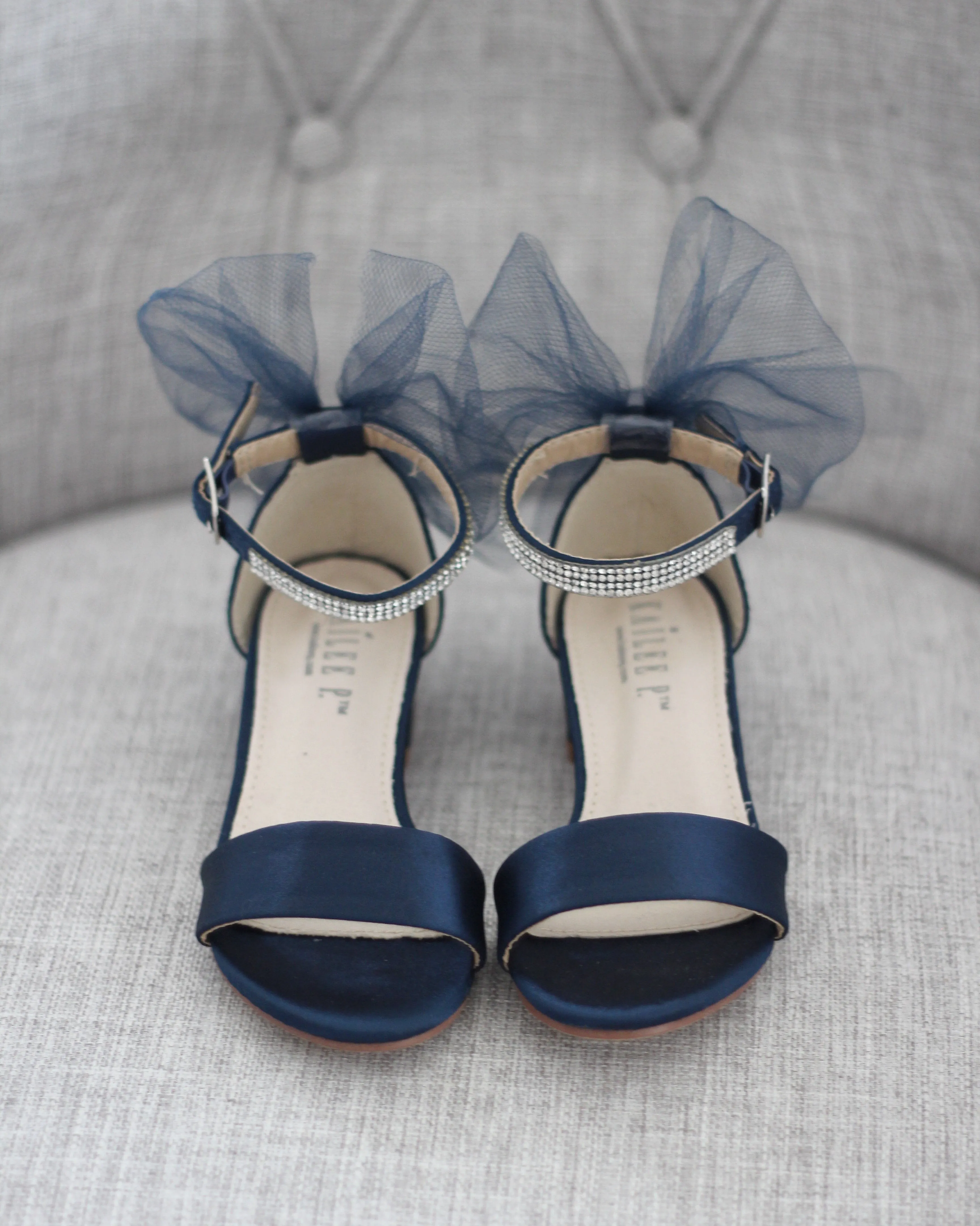 Satin Block Heel Sandals with Tulle Back Bow
