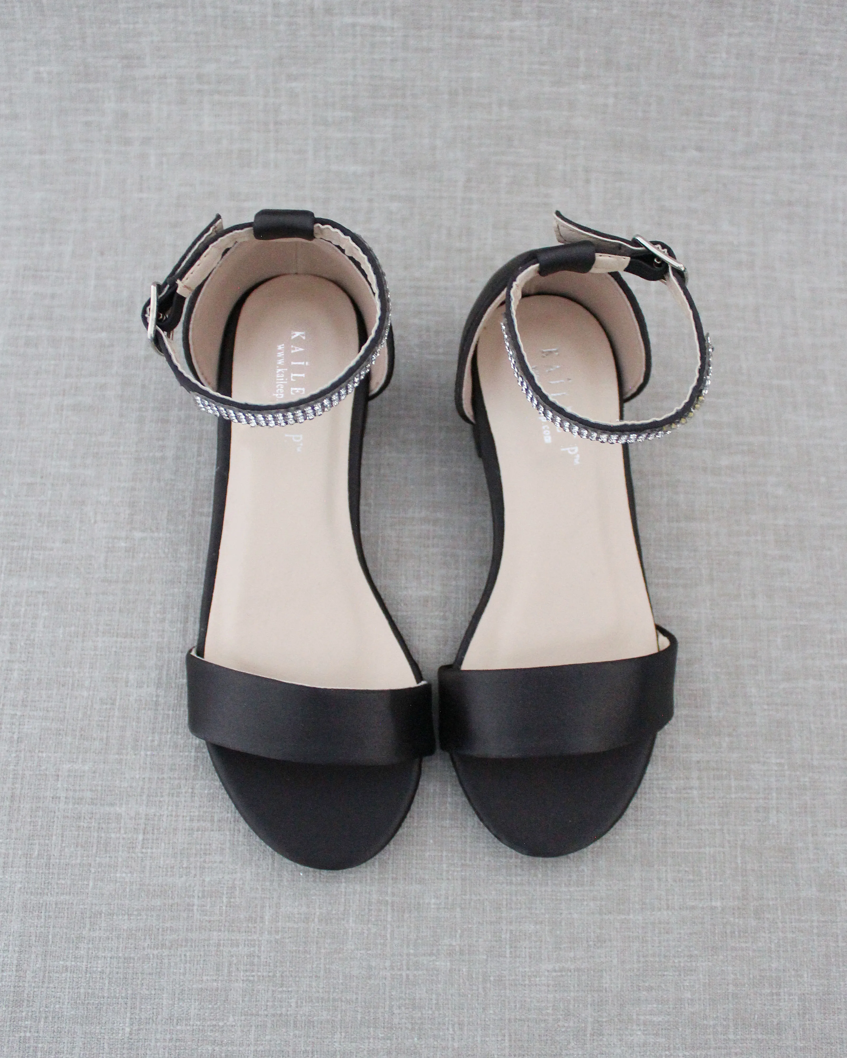 Satin Girls Block Heel Sandals with Mini Rhinestones Embellished Ankle Strap