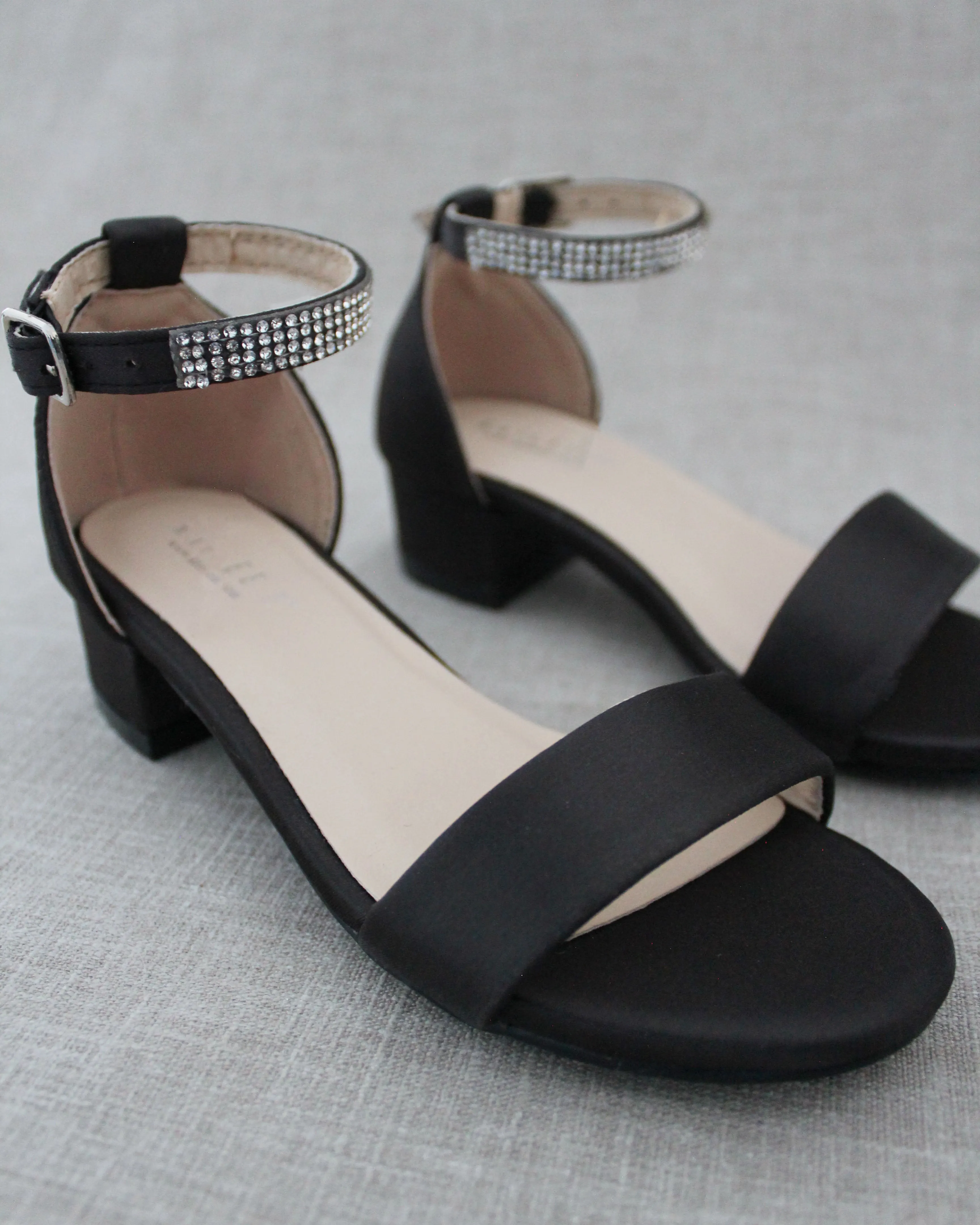 Satin Girls Block Heel Sandals with Mini Rhinestones Embellished Ankle Strap