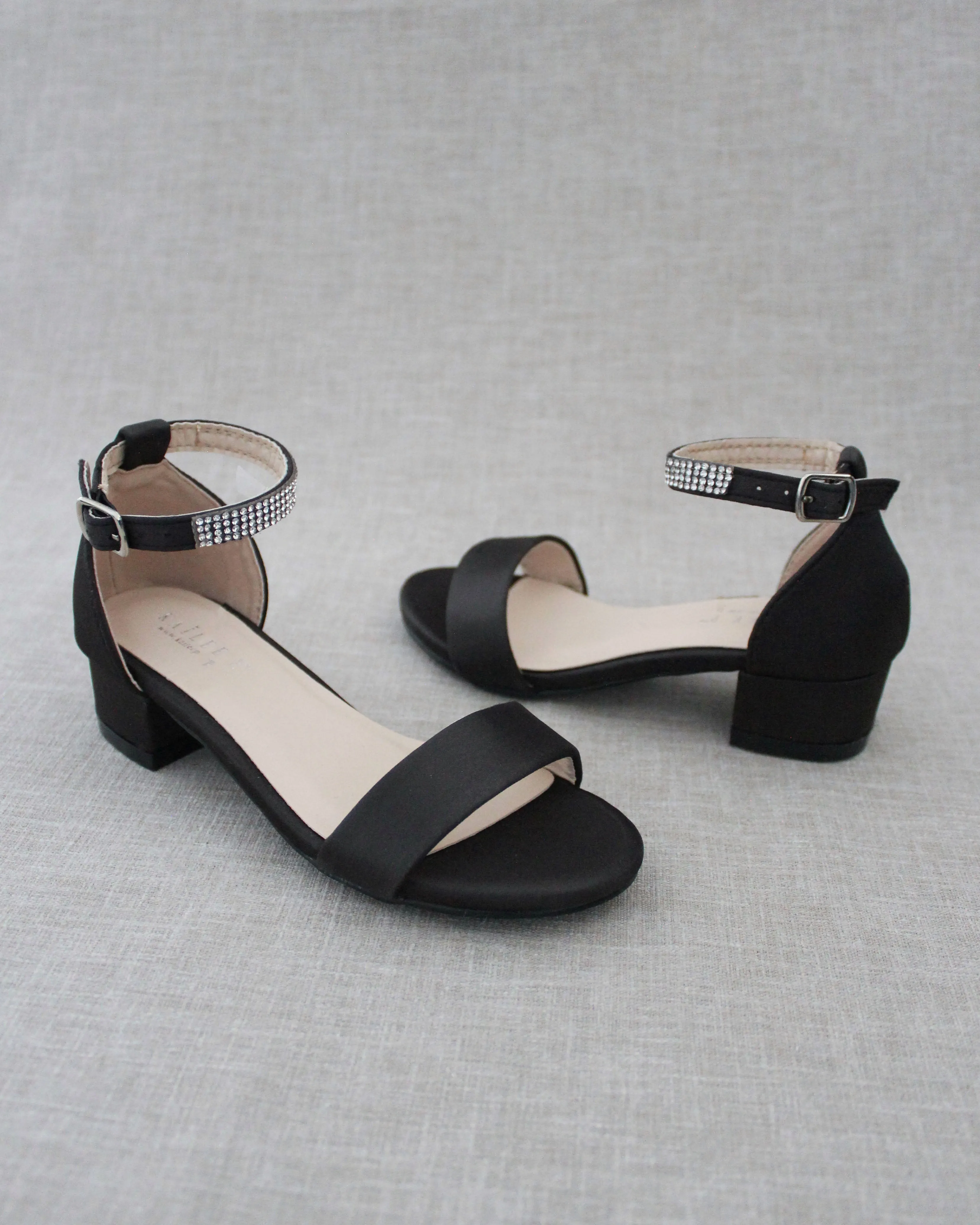 Satin Girls Block Heel Sandals with Mini Rhinestones Embellished Ankle Strap