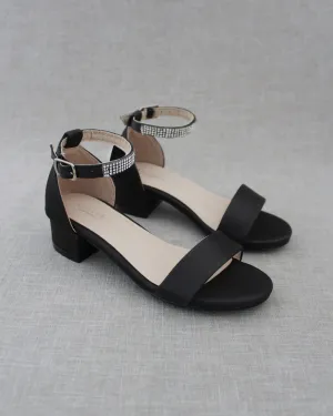 Satin Girls Block Heel Sandals with Mini Rhinestones Embellished Ankle Strap