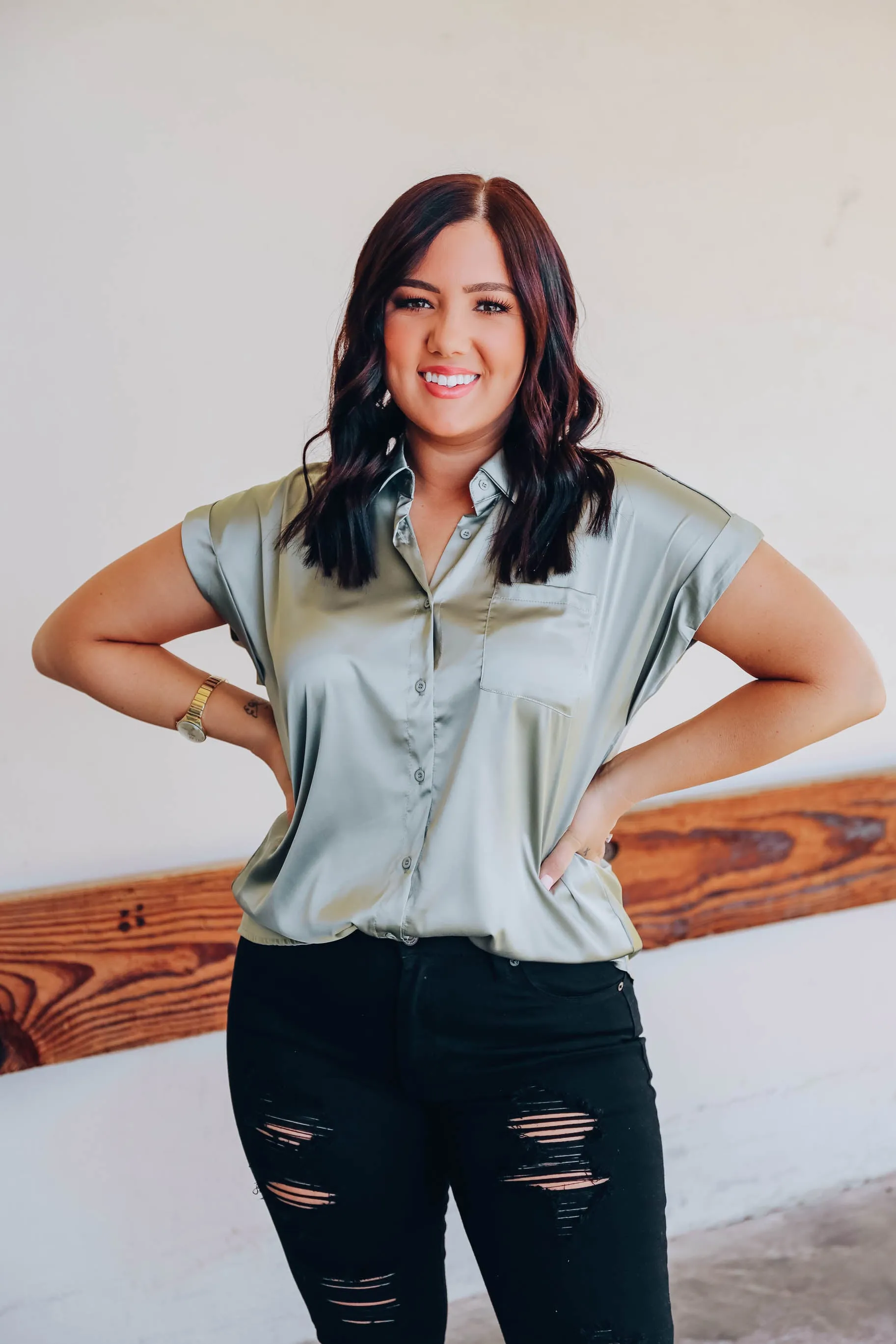 Serene Satin Blouse - Sage