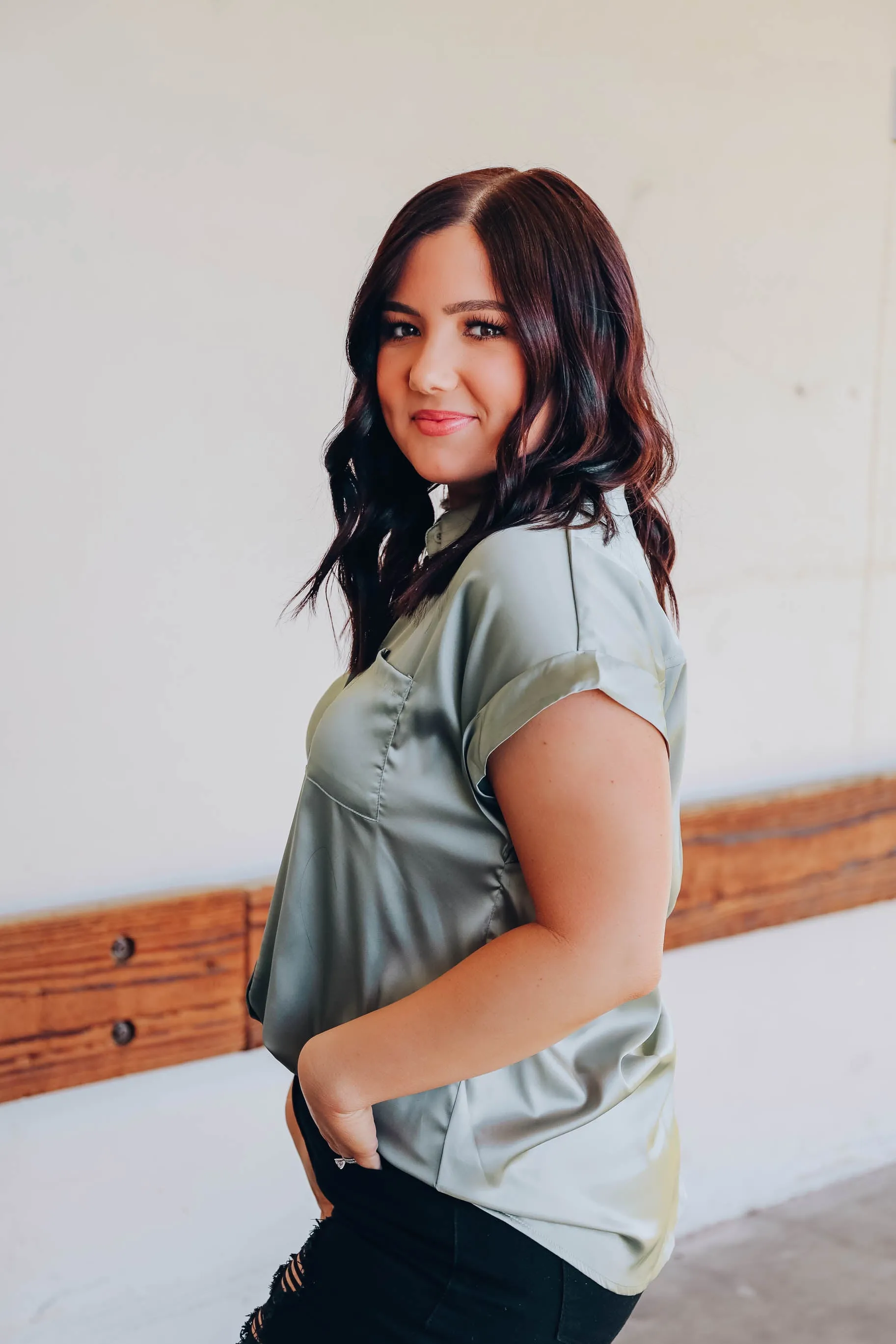 Serene Satin Blouse - Sage