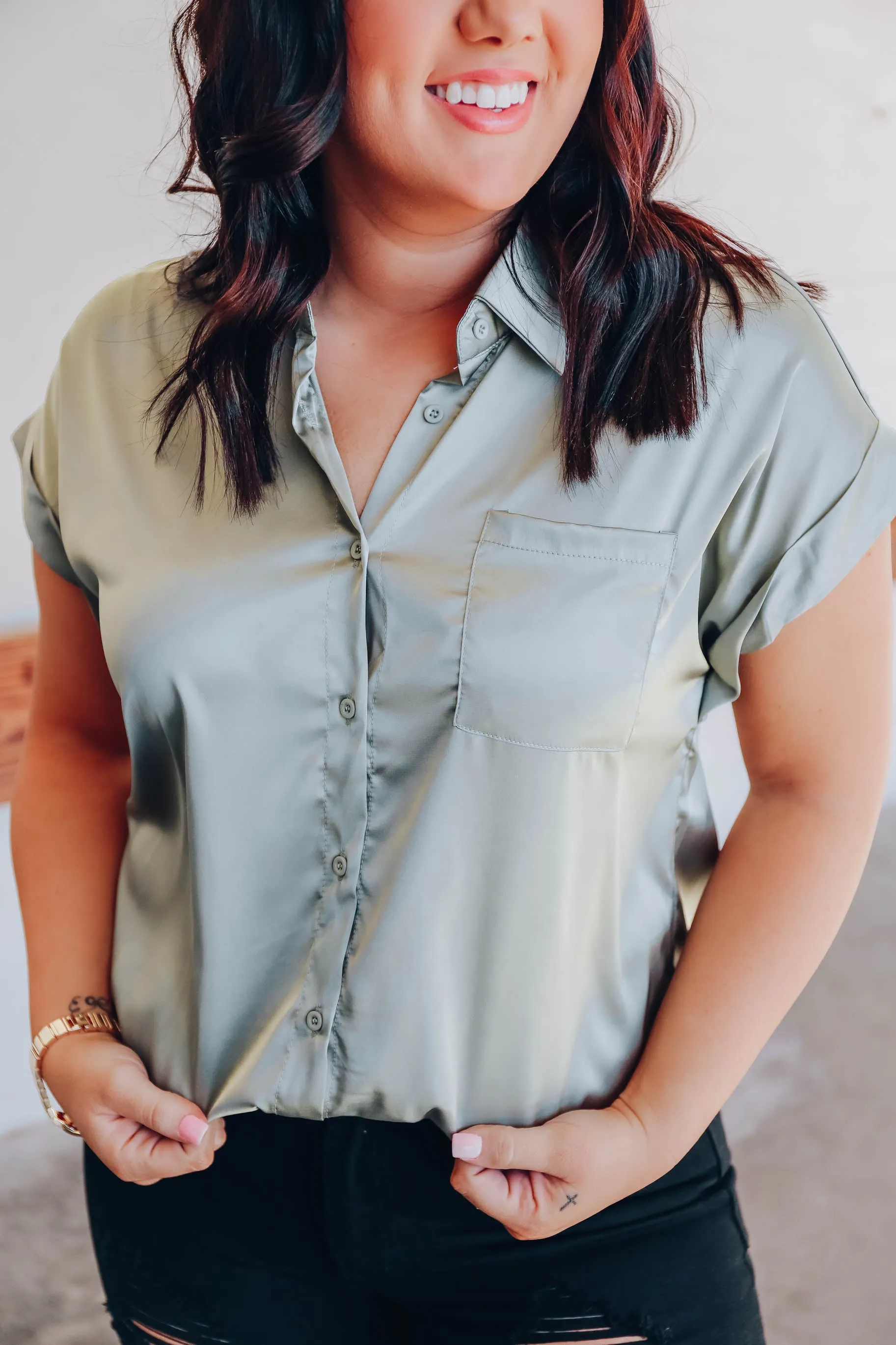 Serene Satin Blouse - Sage