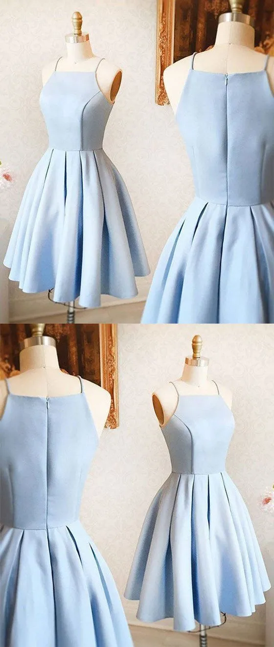 Sexy Spaghetti Straps Light Blue Party Dresses, Simple Cheap Homecoming Dresses, HD0355