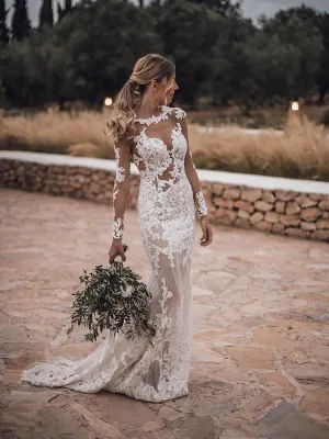 Sheath Long Sleeves Fulle Lace Backless See-though Wedding Dresses, WD0478
