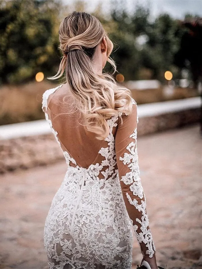 Sheath Long Sleeves Fulle Lace Backless See-though Wedding Dresses, WD0478