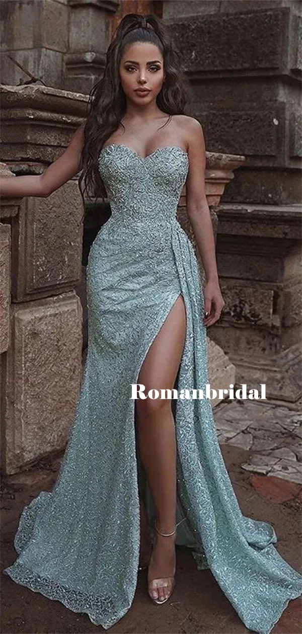 Sheath Sweetheart Strapless Lace Sexy Prom Dresses With Split, PD0843