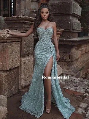 Sheath Sweetheart Strapless Lace Sexy Prom Dresses With Split, PD0843