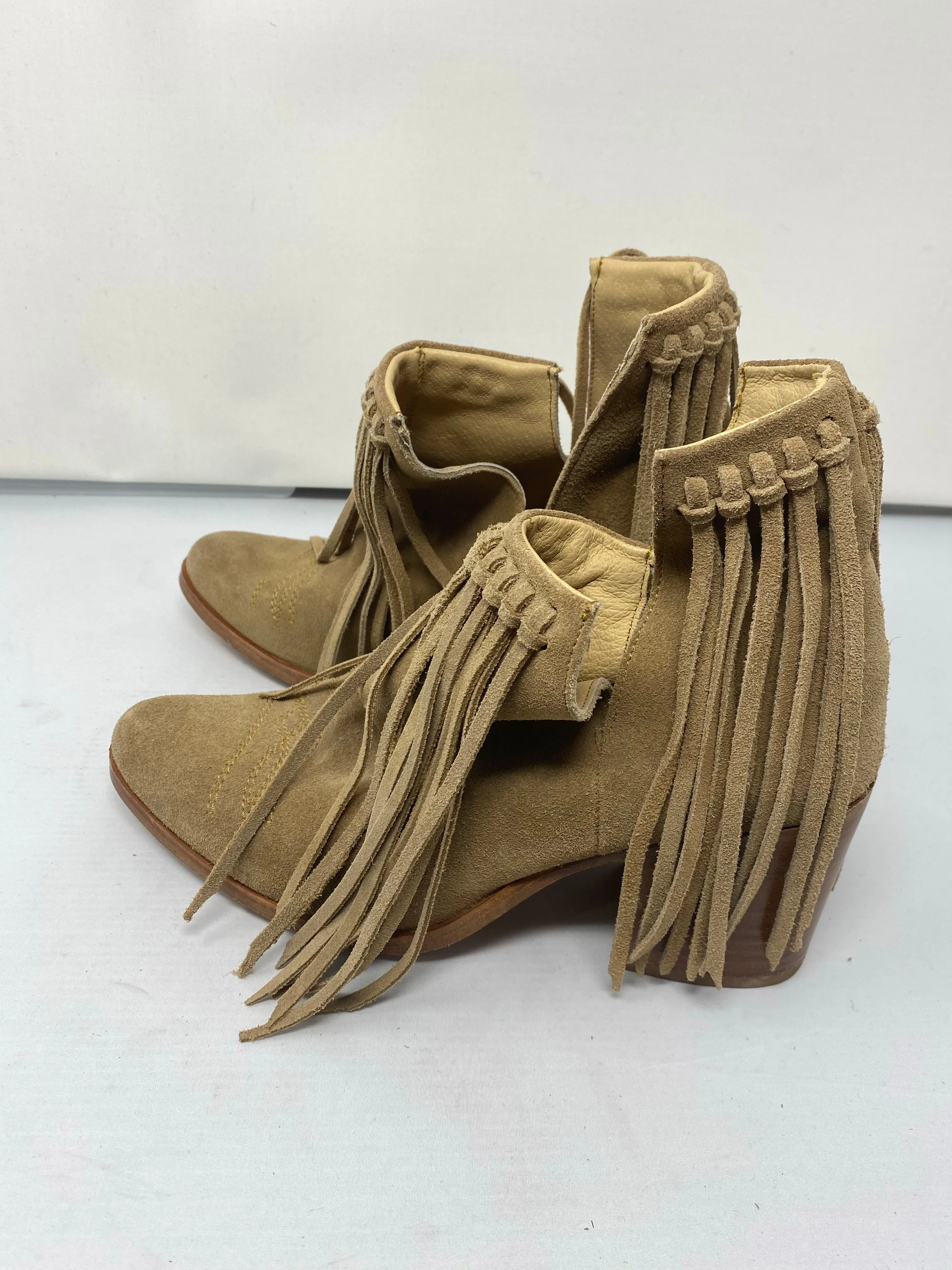 Sole Child Camel Suede Fringe Open Side Stitch Detail Booties